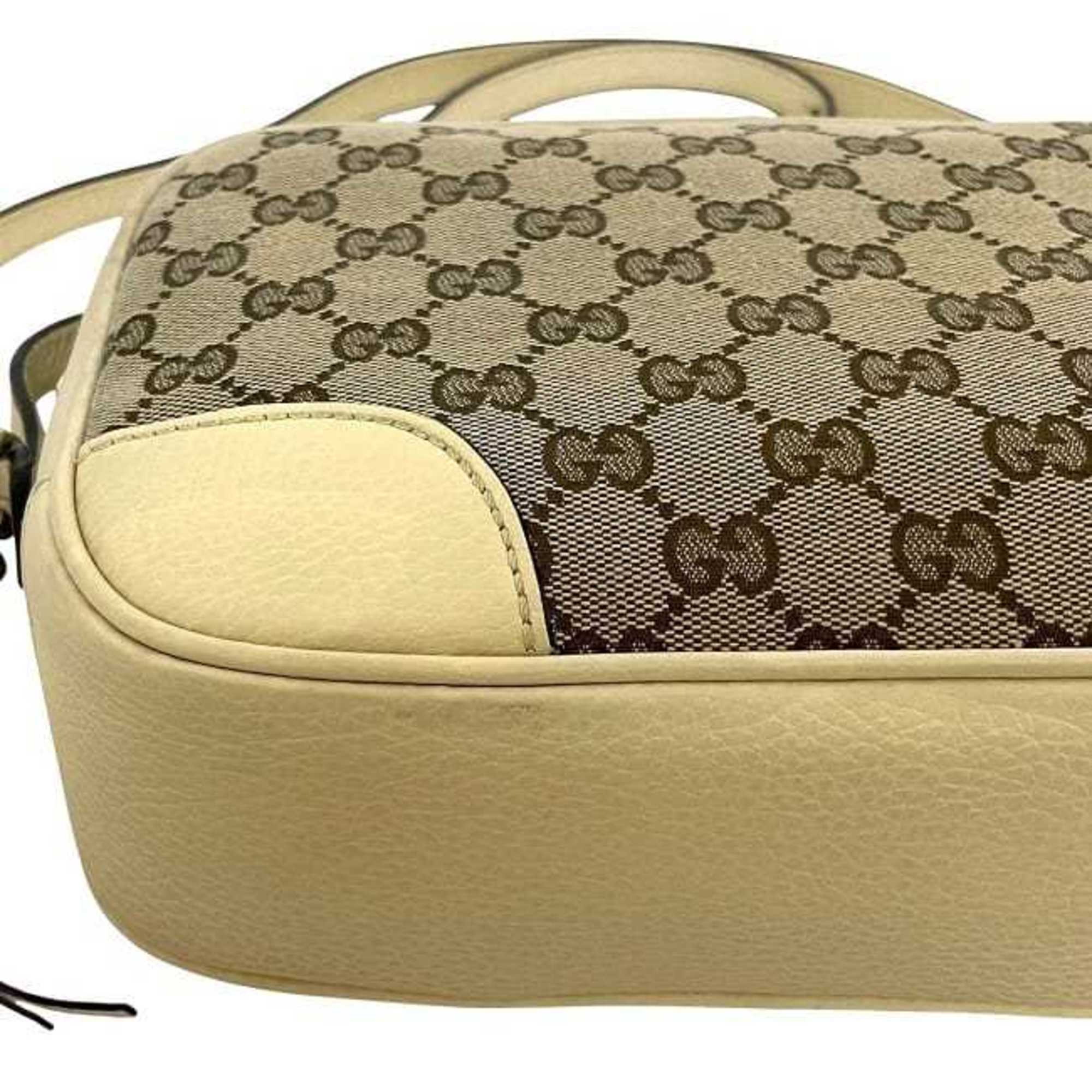 Gucci Beige White Canvas Leather Shoulder Bag (Pre-Owned)