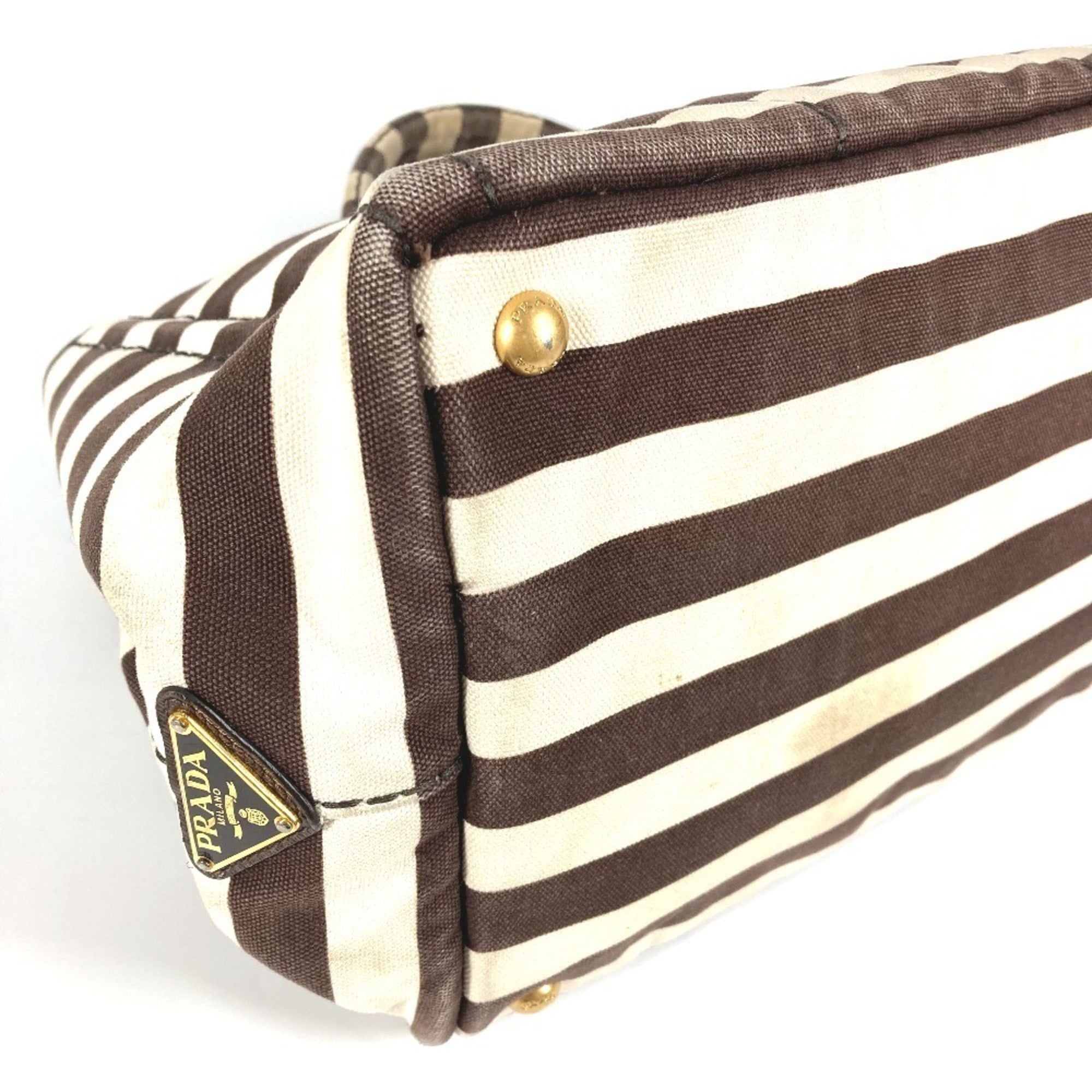 Prada Brown White Canvas Handbag Tote Bag (Pre-Owned)