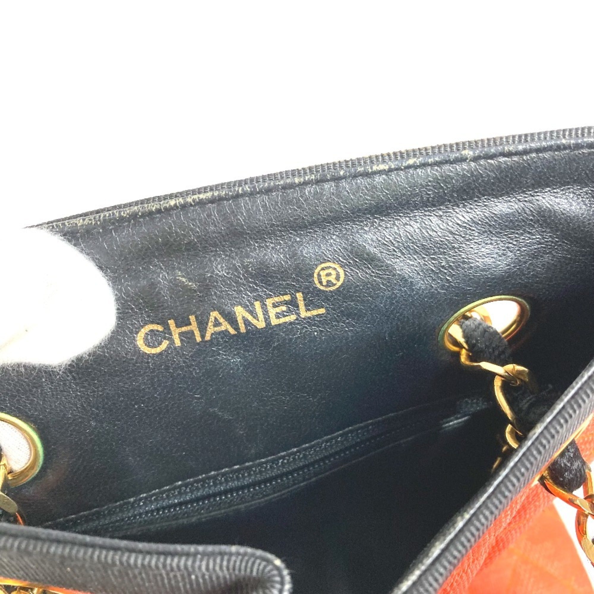 Chanel Matelasse Black Orange Straw Leather Shoulder Bag Tote Bag (Pre-Owned)