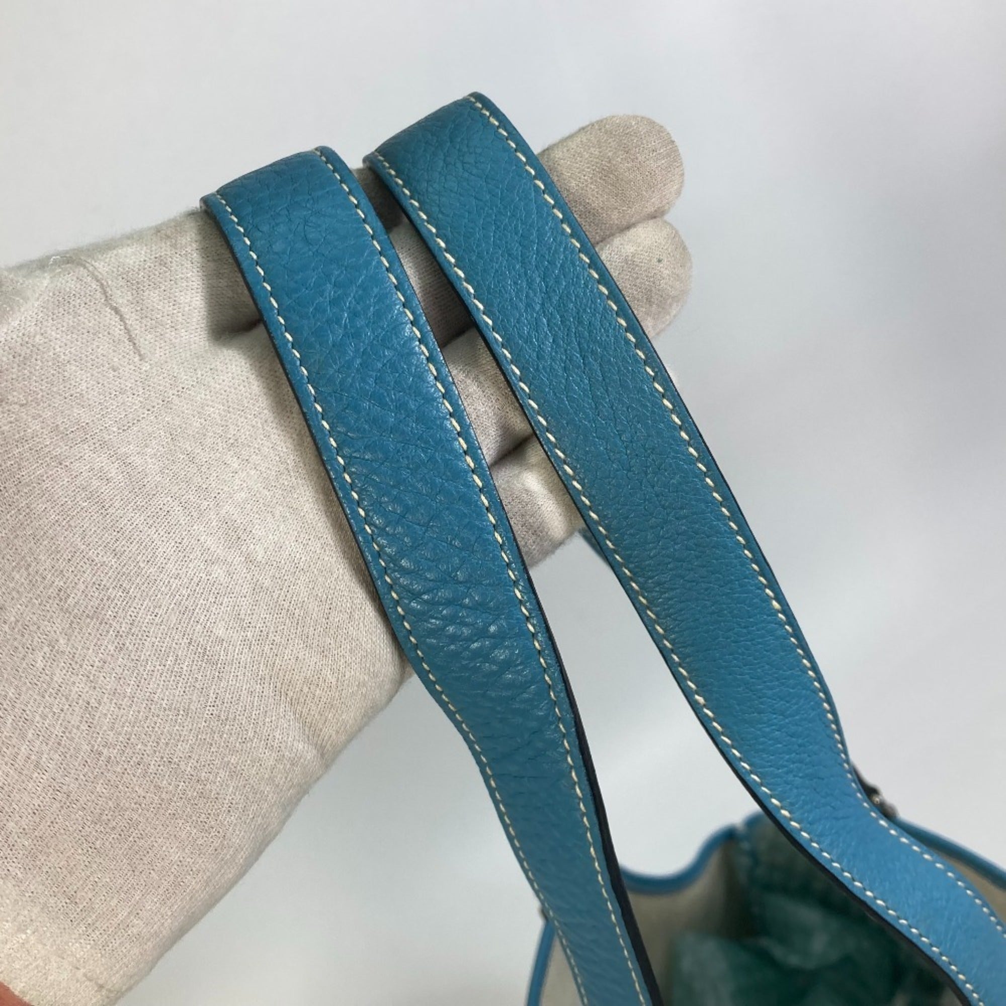 Hermes Jardinier Blue Natural Toile H Taurillon Clemence Leather Shoulder Bag Tote Bag (Pre-Owned)