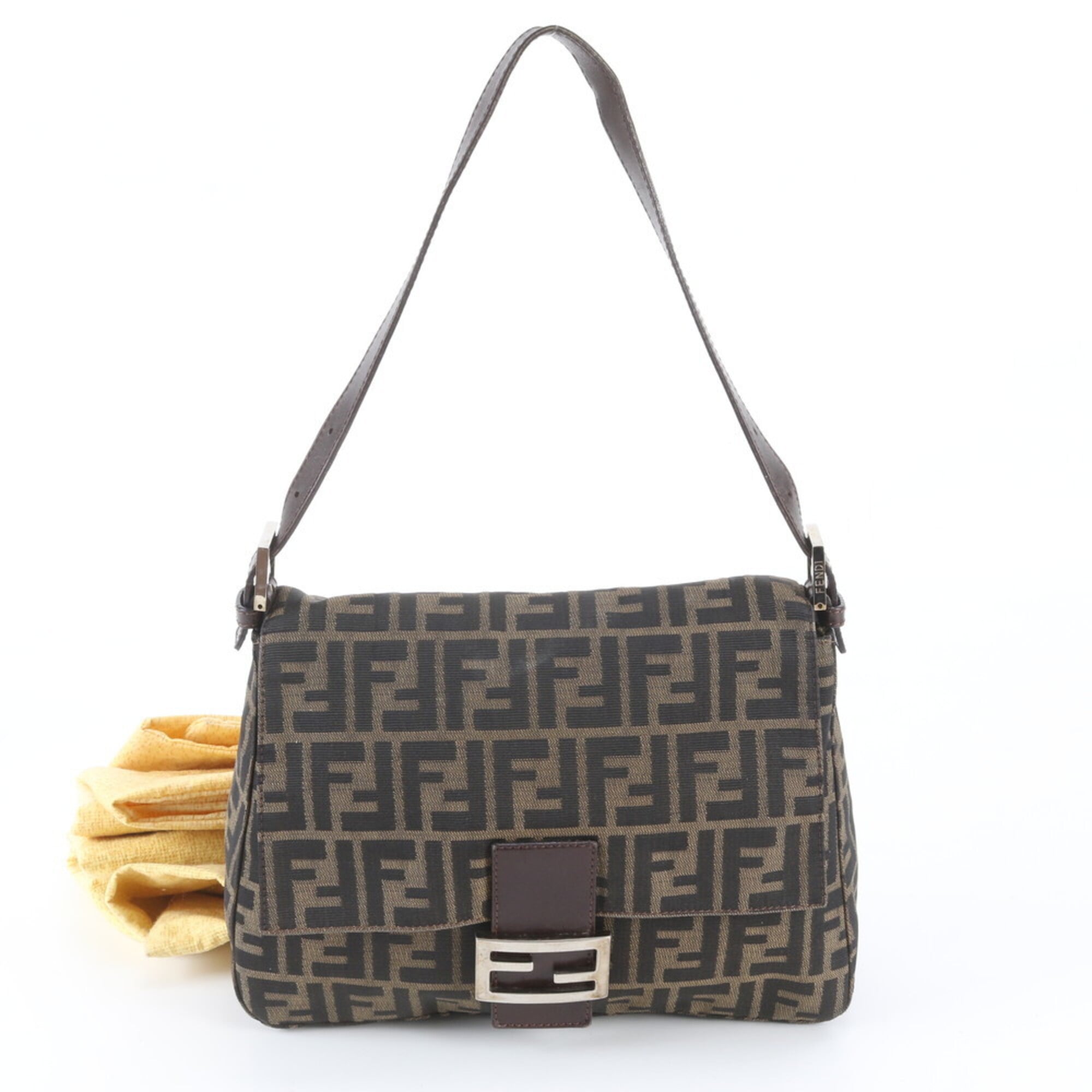 Fendi Brown Leather Canvas Handbag Shoulder Bag (Pre-Owned)
