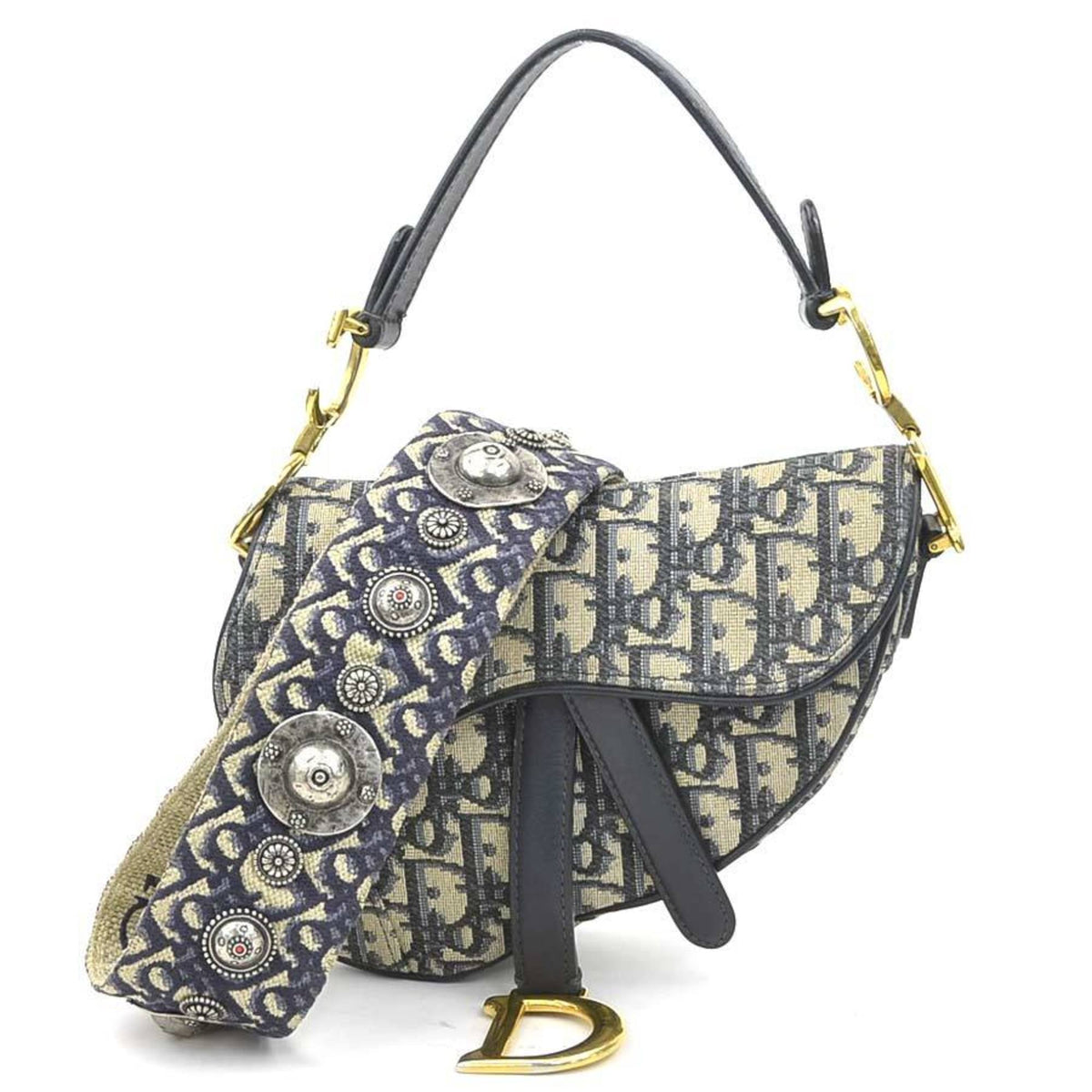 Christian Dior Navy Canvas Leather Handbag Saddle Bag Shoulder Bag (Pre-Owned)