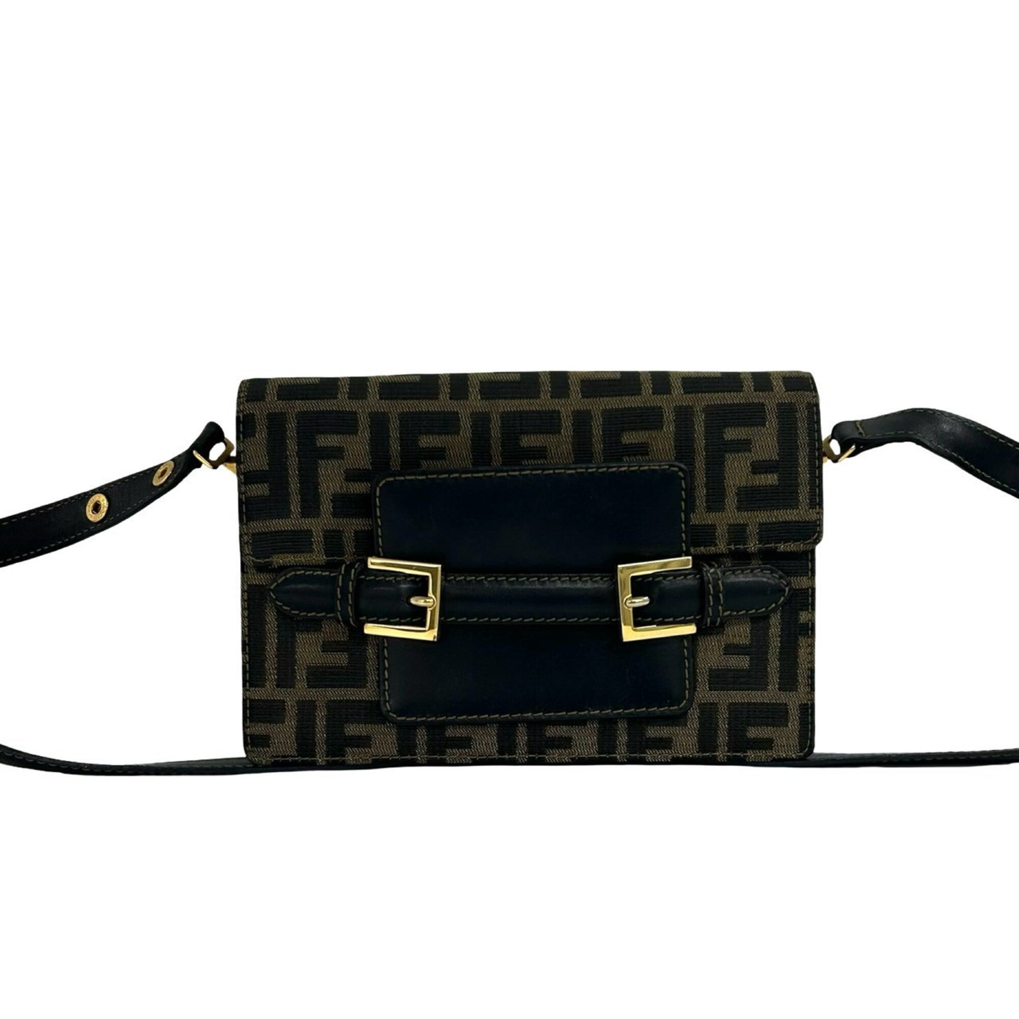 Fendi Black Brown Canvas Leather Pochette Shoulder Bag (Pre-Owned)