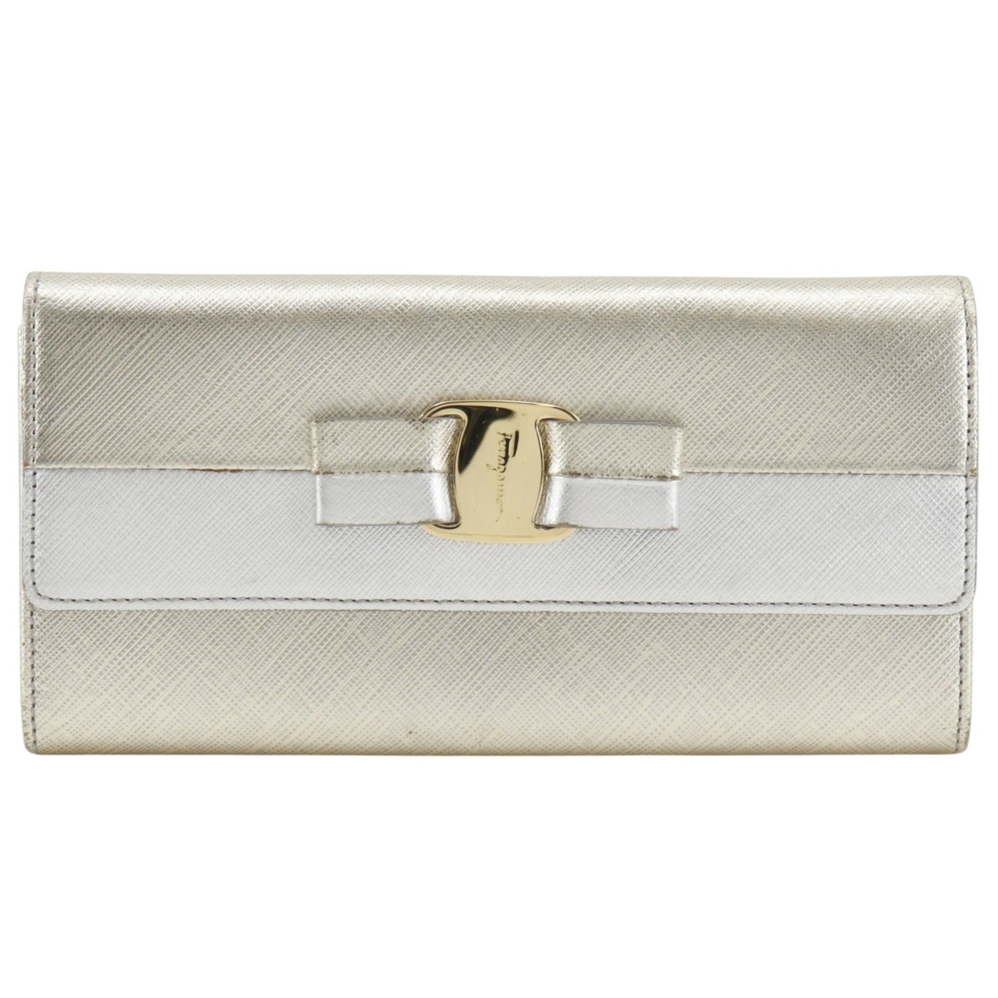 Salvatore Ferragamo Vara Silver Leather Long Wallet (Bi-Fold) (Pre-Owned)