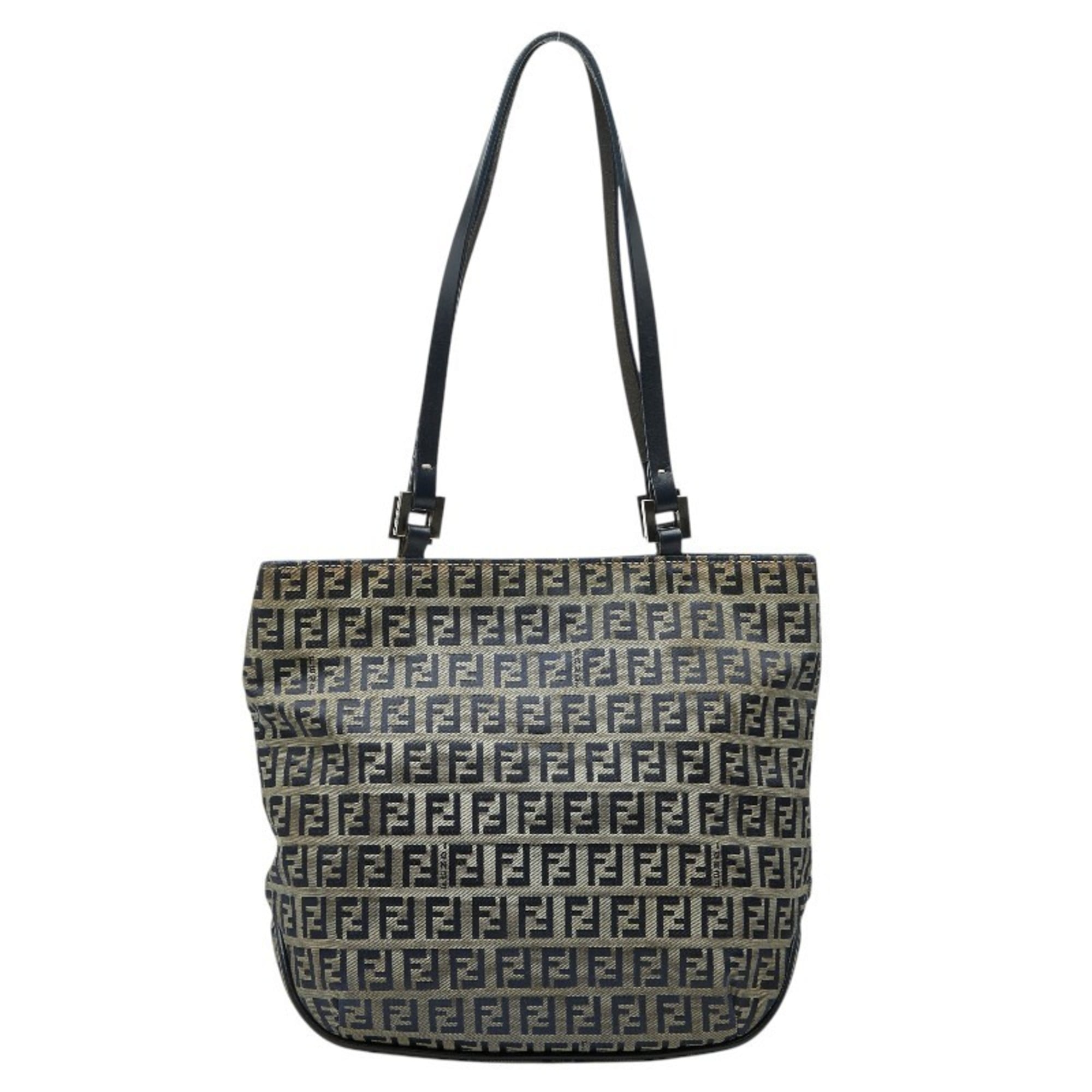 Fendi Gray Navy Canvas Leather Handbag Shoulder Bag Tote Bag (Pre-Owned)
