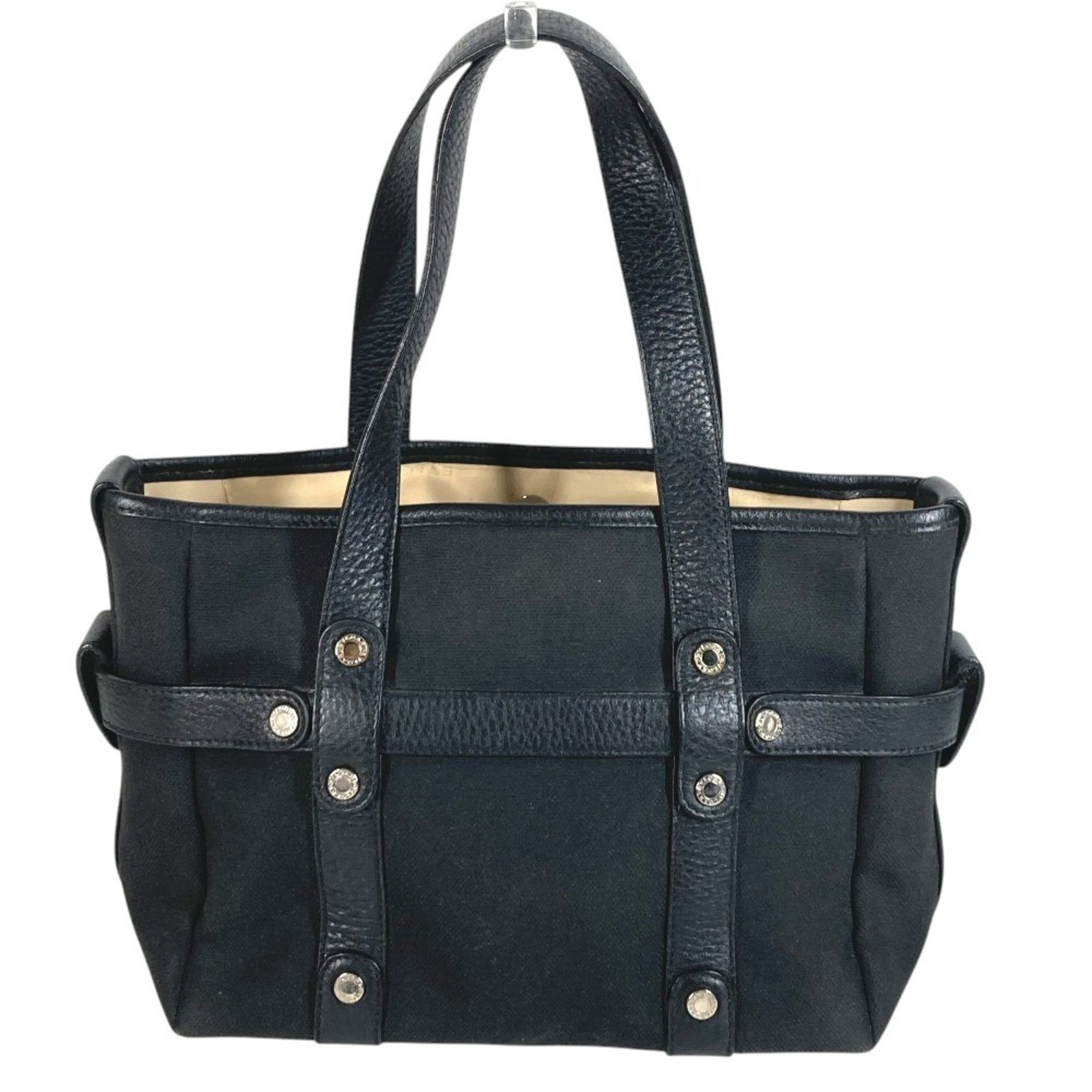 Bvlgari Black Leather Canvas Handbag Tote Bag (Pre-Owned)
