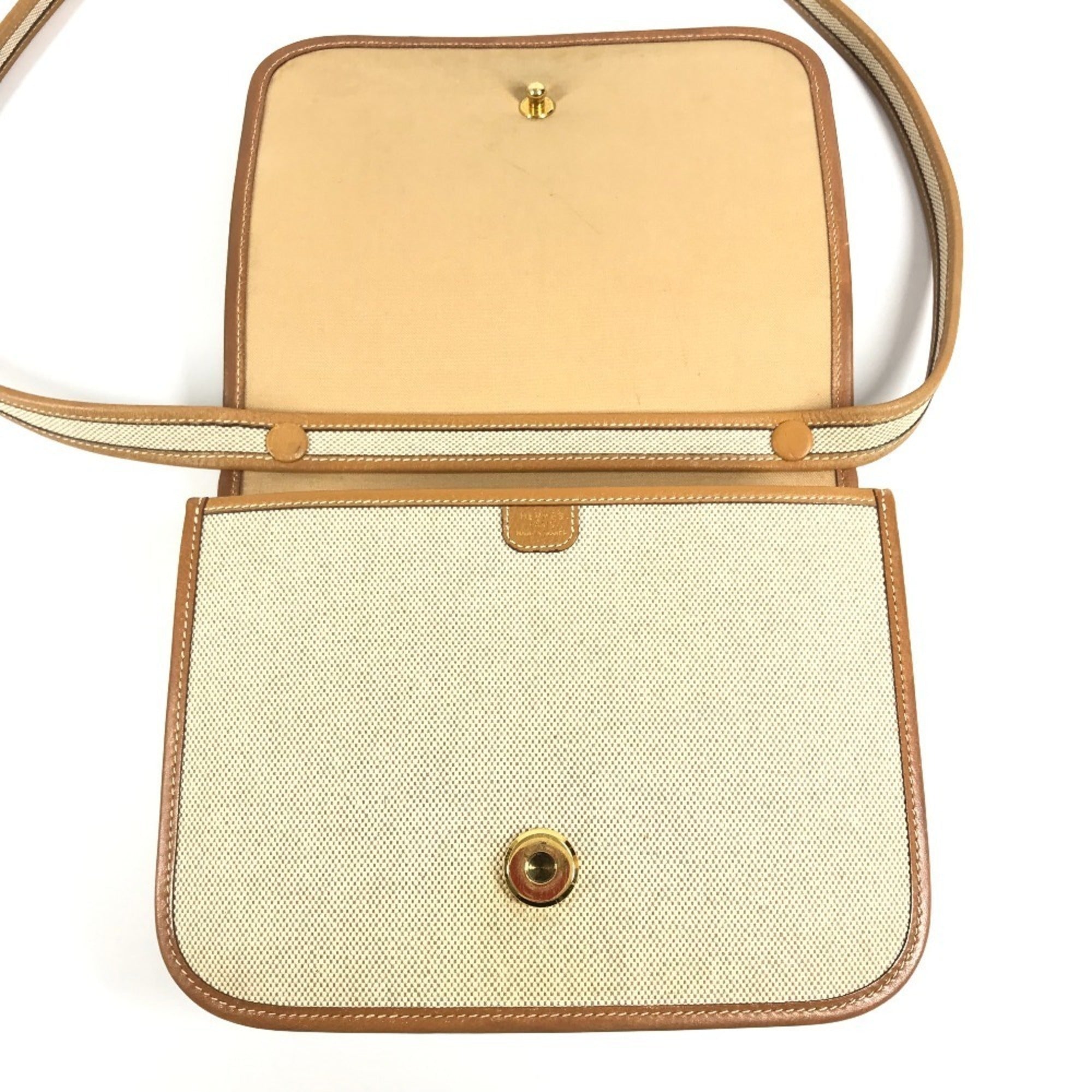 Hermes Beige Leather Canvas Handbag Pochette Shoulder Bag (Pre-Owned)