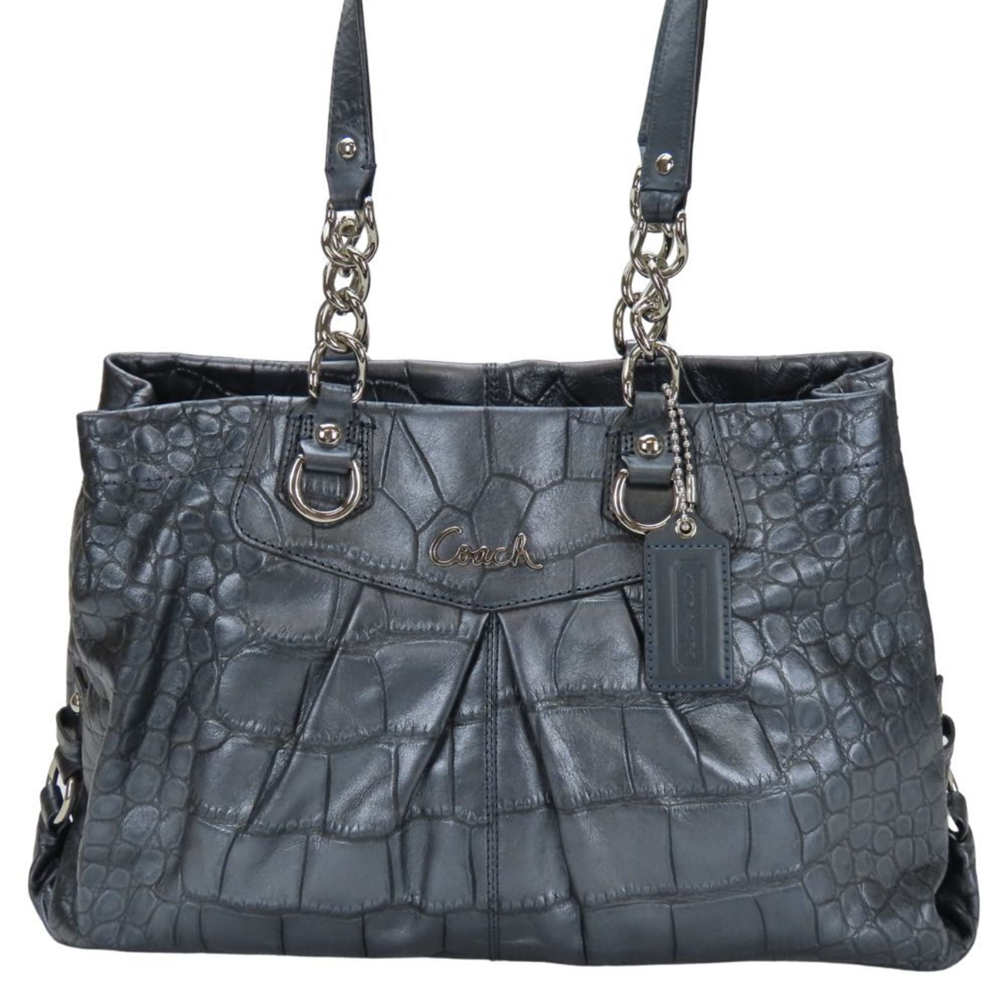Coach Gray Metallic Navy Leather Tote Bag (Pre-Owned)