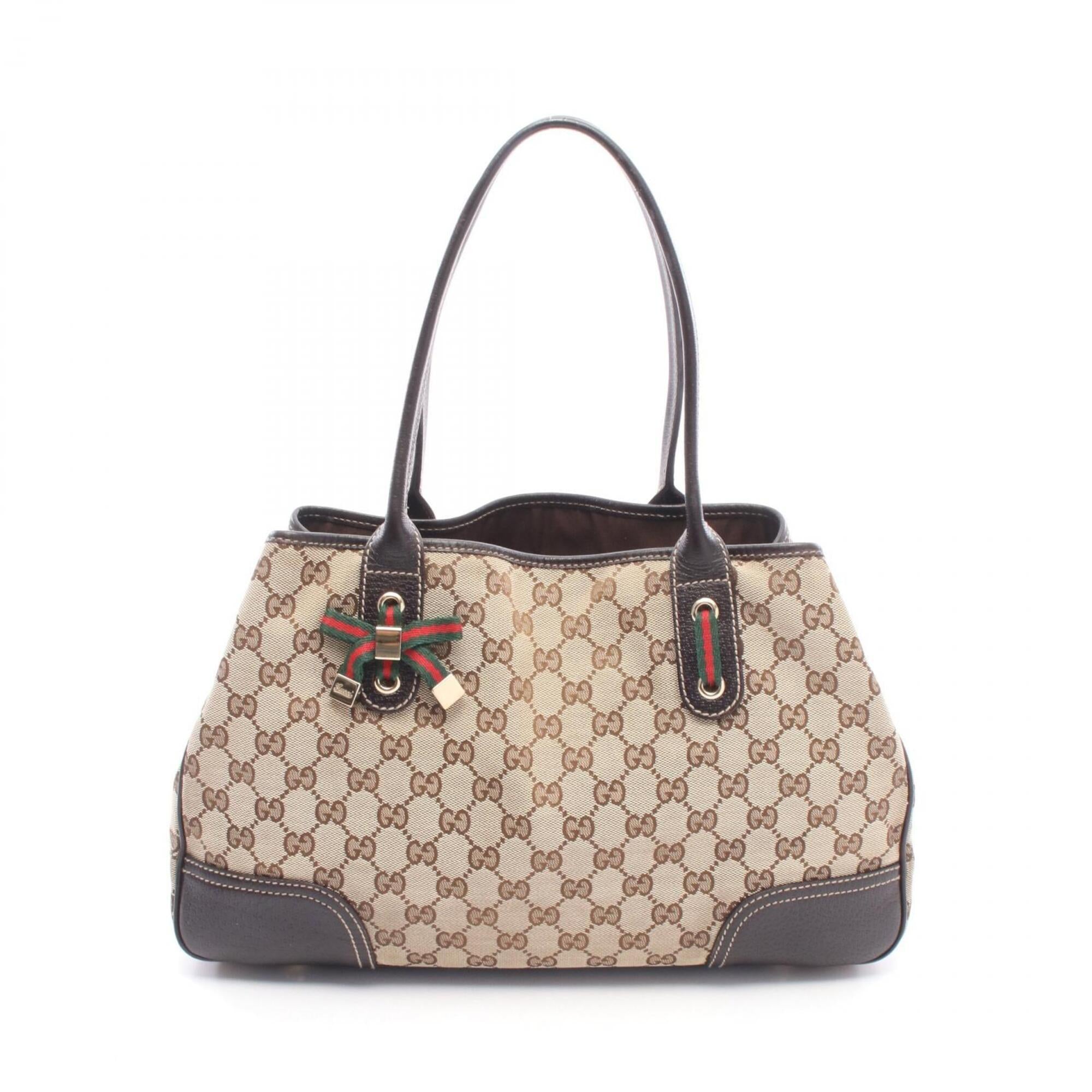 Gucci Beige Brown Canvas Leather Handbag Tote Bag (Pre-Owned)