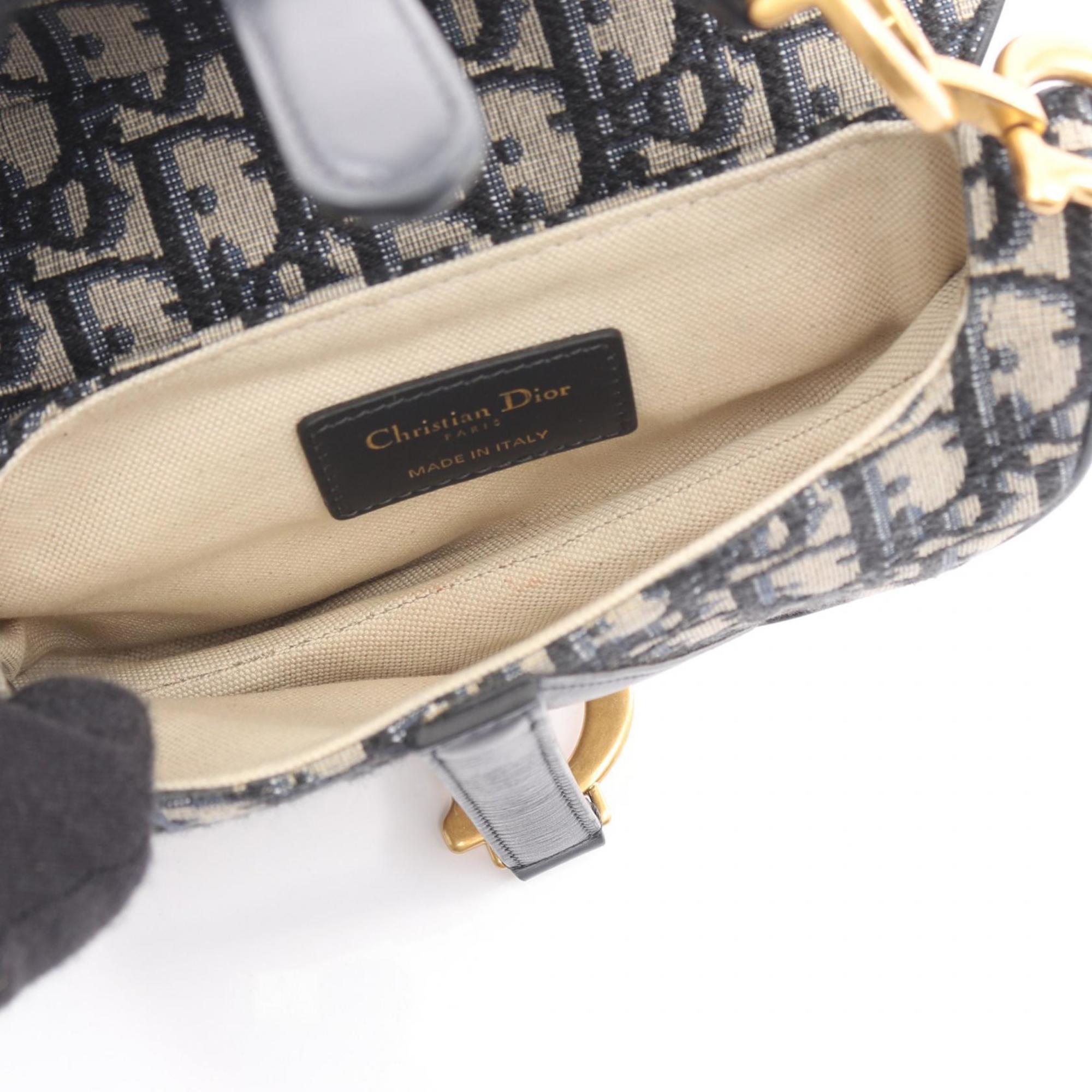 Christian Dior Beige Black Navy Canvas Leather Handbag Saddle Bag (Pre-Owned)
