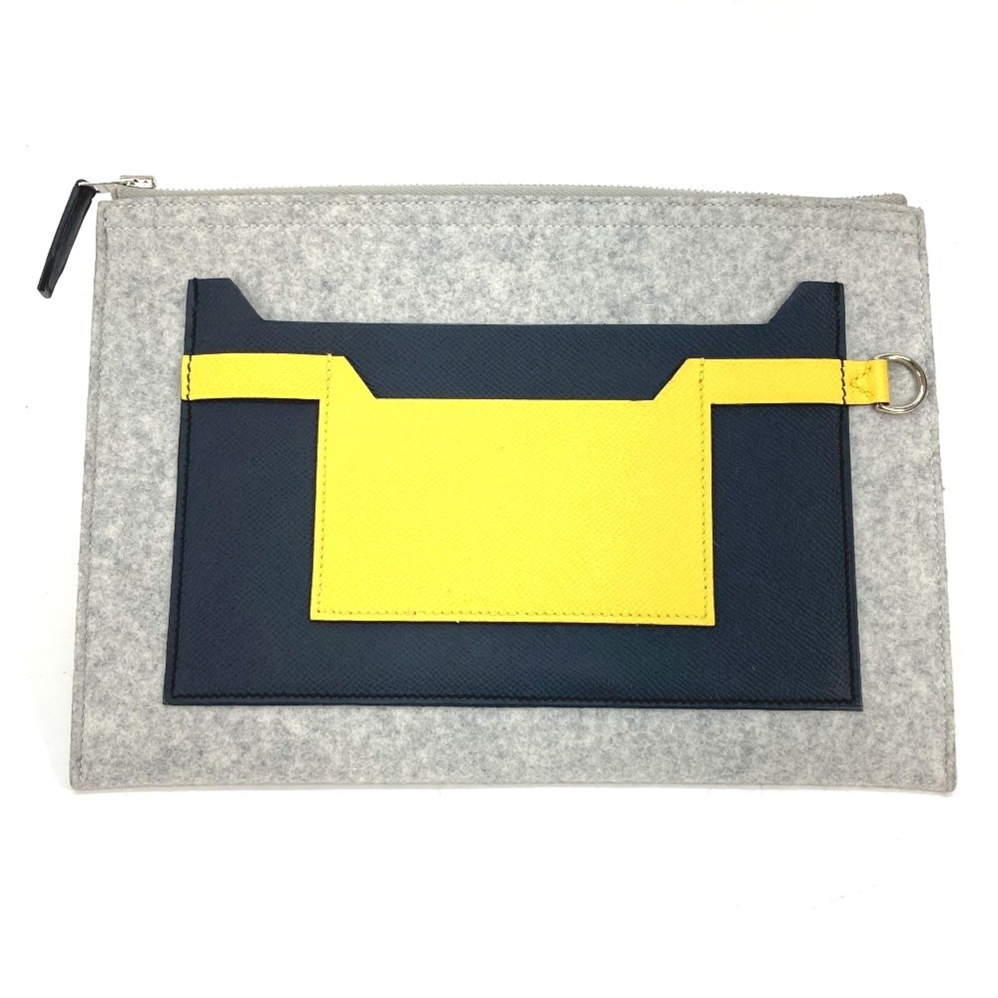 Hermes Gray Yellow Felt Epsom Leather Clutch Bag Pouch (Pre-Owned)