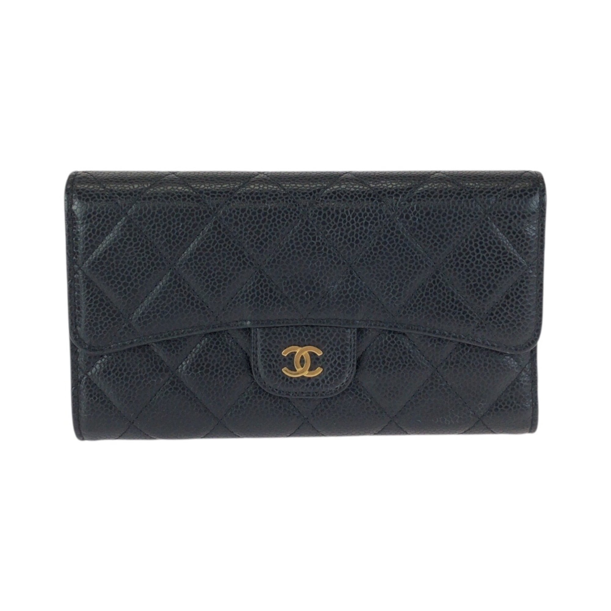 Chanel Black Grained Calfskin Long Wallet (Tri-Fold) (Pre-Owned)