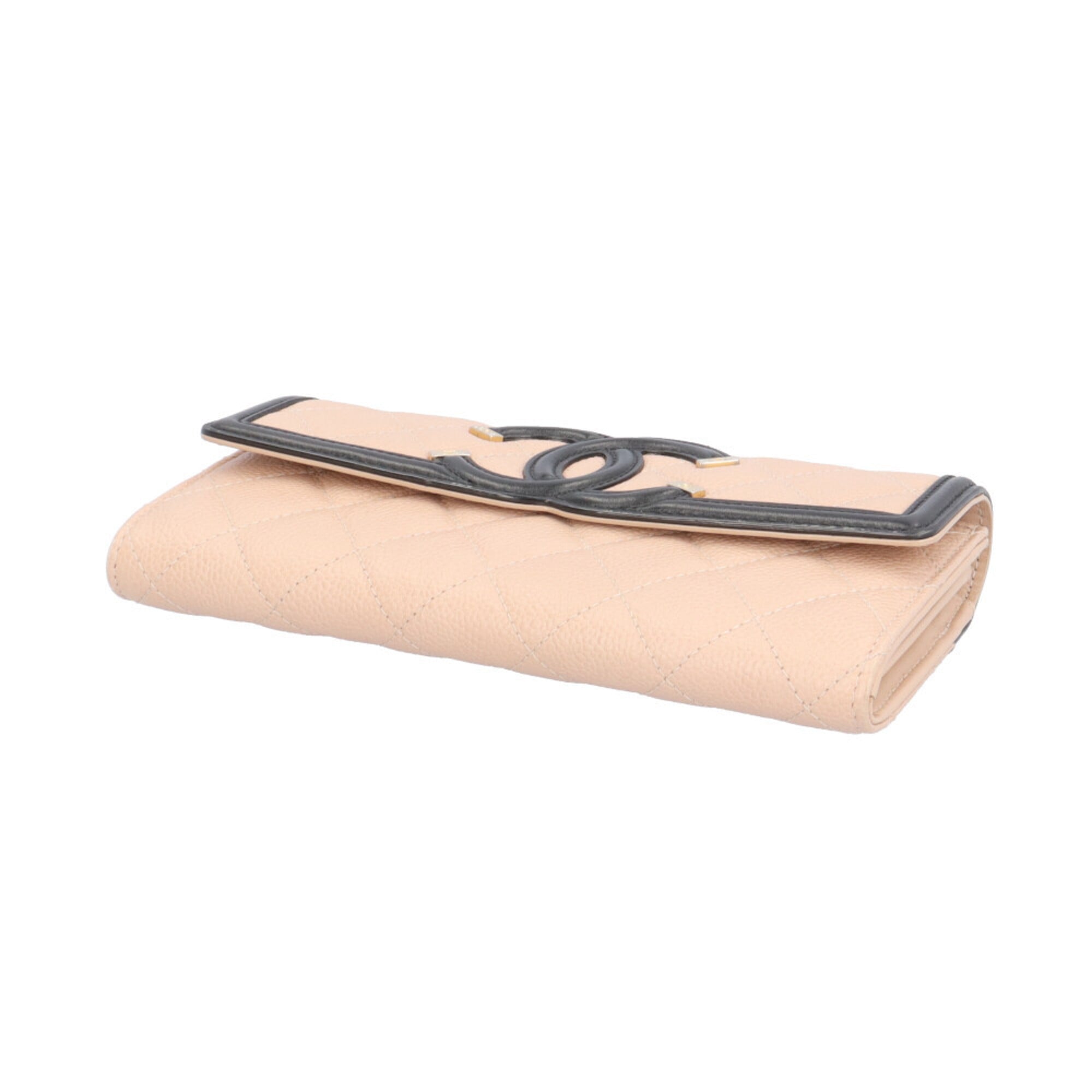 Chanel Beige Black Grained Calfskin Long Wallet (Bi-Fold) (Pre-Owned)