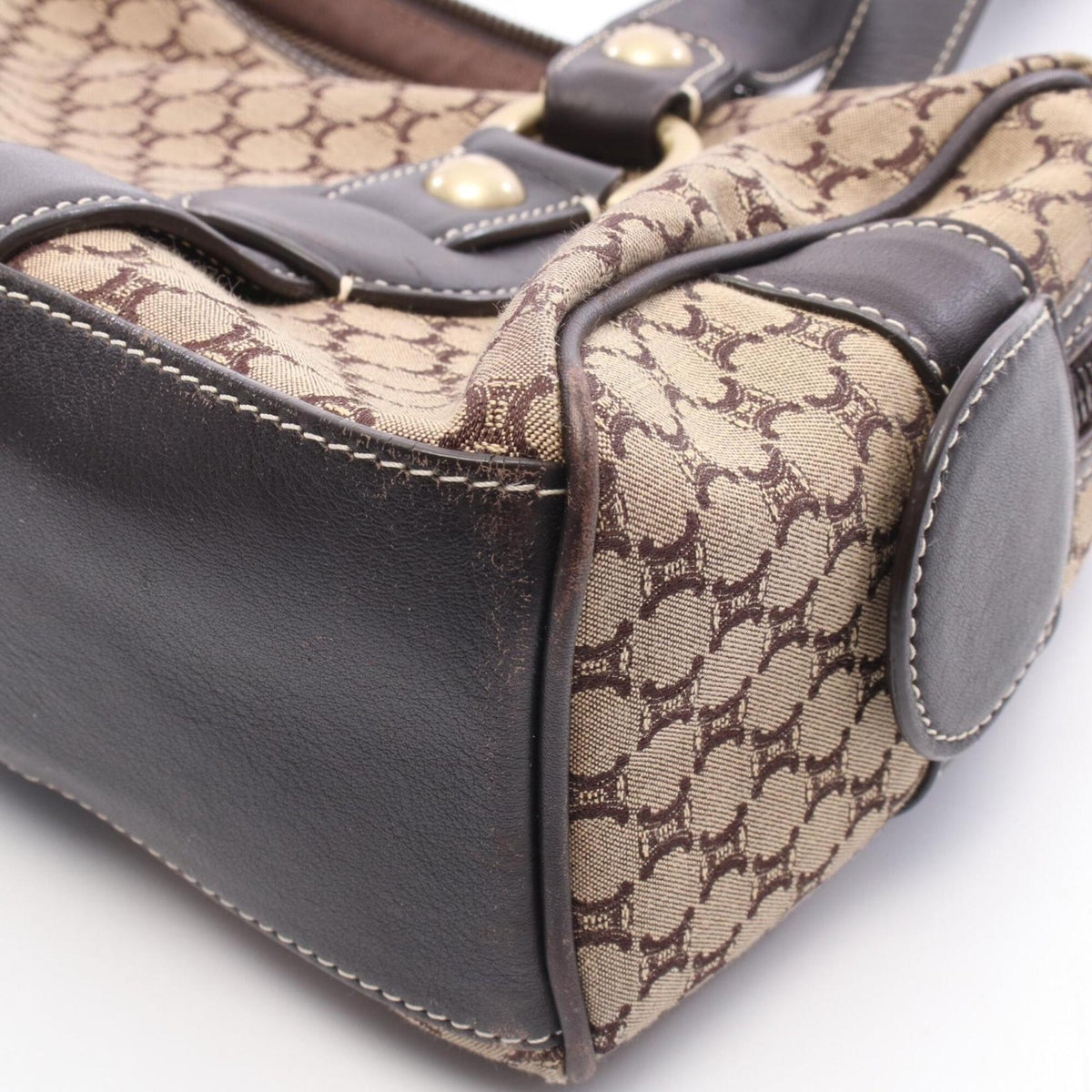 Celine Beige Brown Canvas Leather Boston Bag Handbag Shoulder Bag (Pre-Owned)