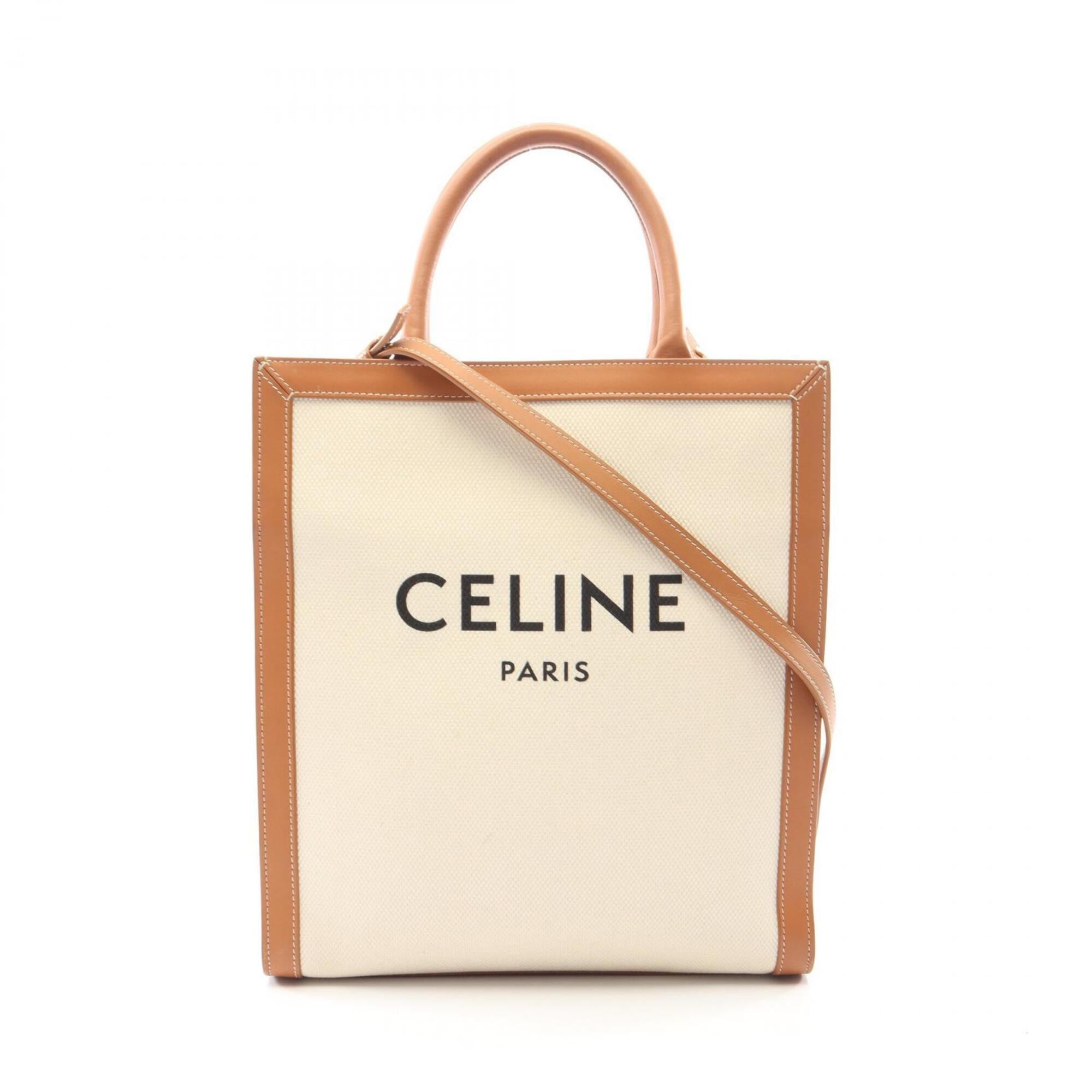 Celine Brown Ivory Canvas Leather Handbag Tote Bag (Pre-Owned)