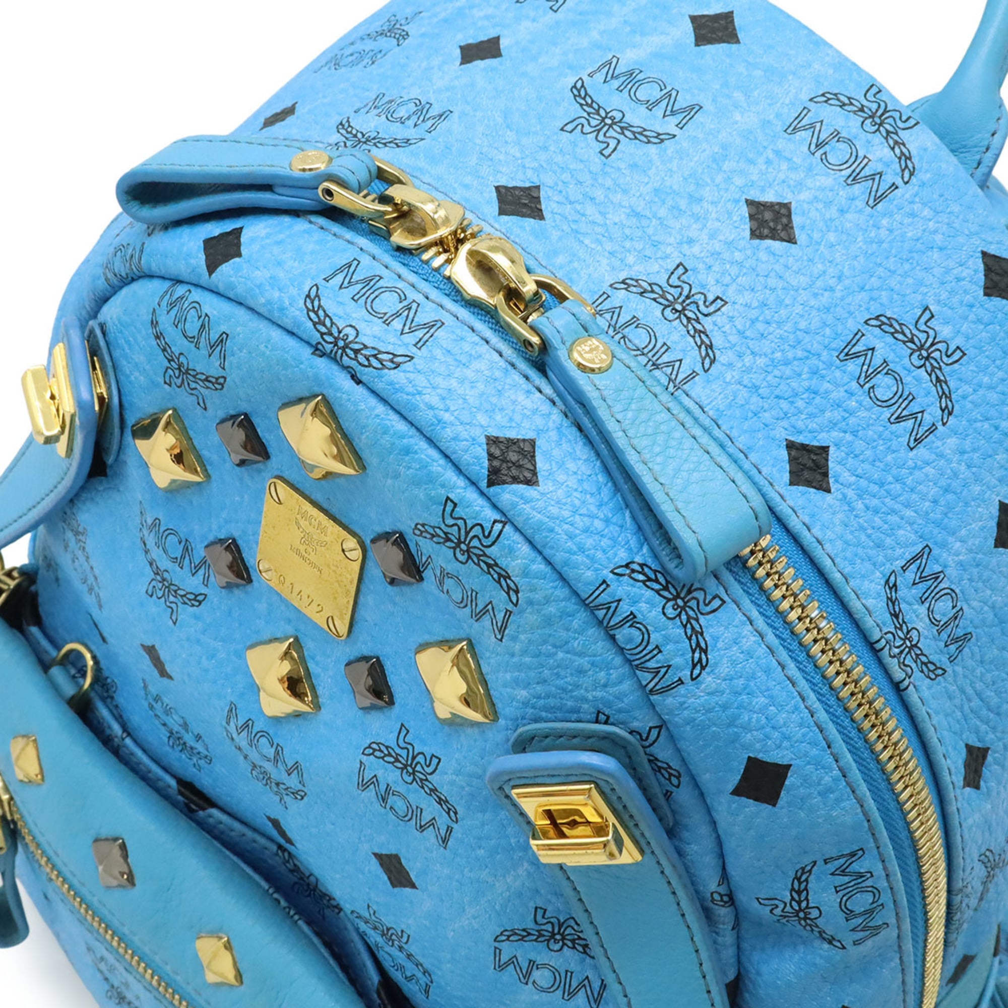 Mcm Visetos Blue Coated Canvas Leather Backpack Shoulder Bag (Pre-Owned)