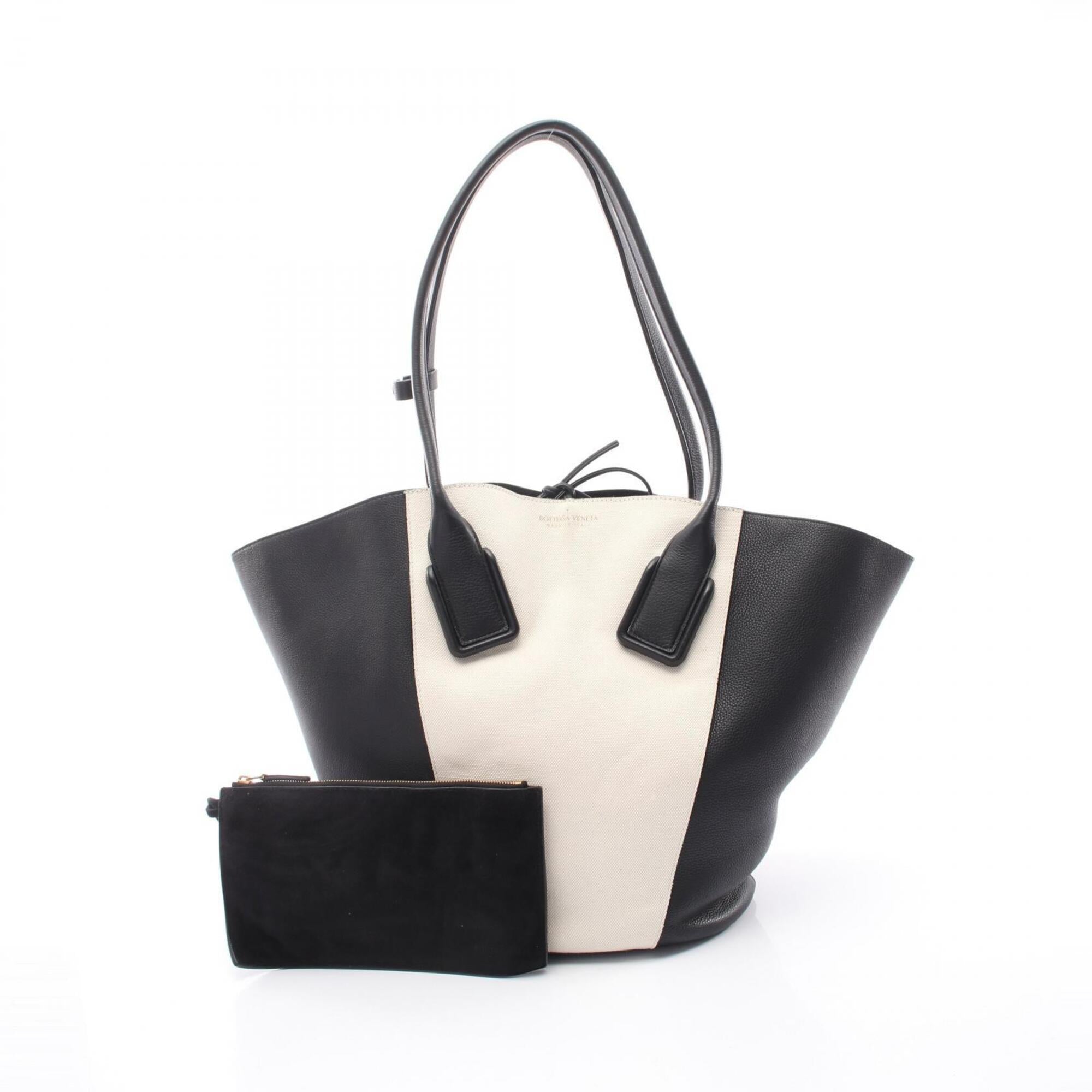 Bottega Veneta Black Ivory Canvas Leather Handbag Tote Bag (Pre-Owned)