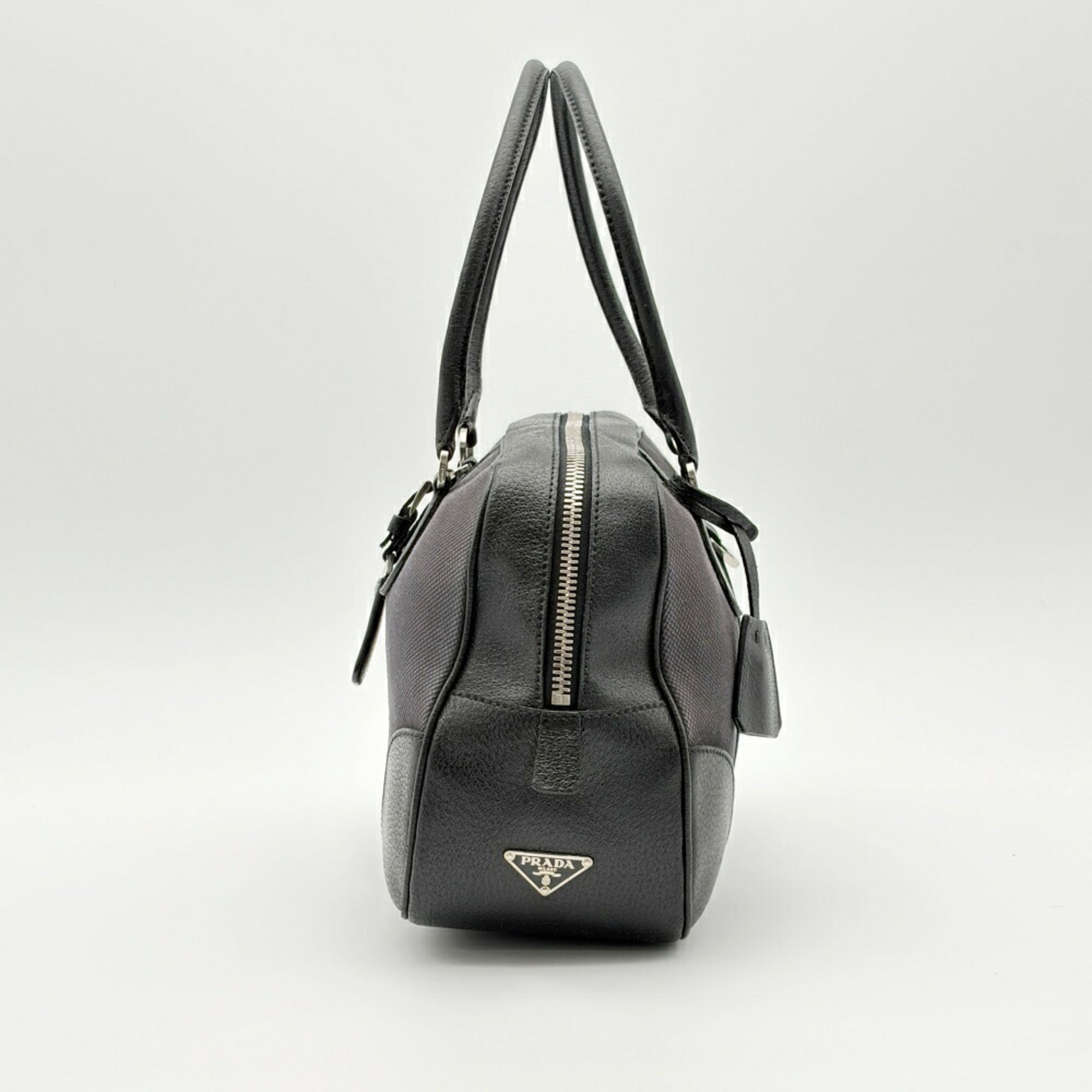 Prada Black Gray Canvas Leather Boston Bag Handbag (Pre-Owned)