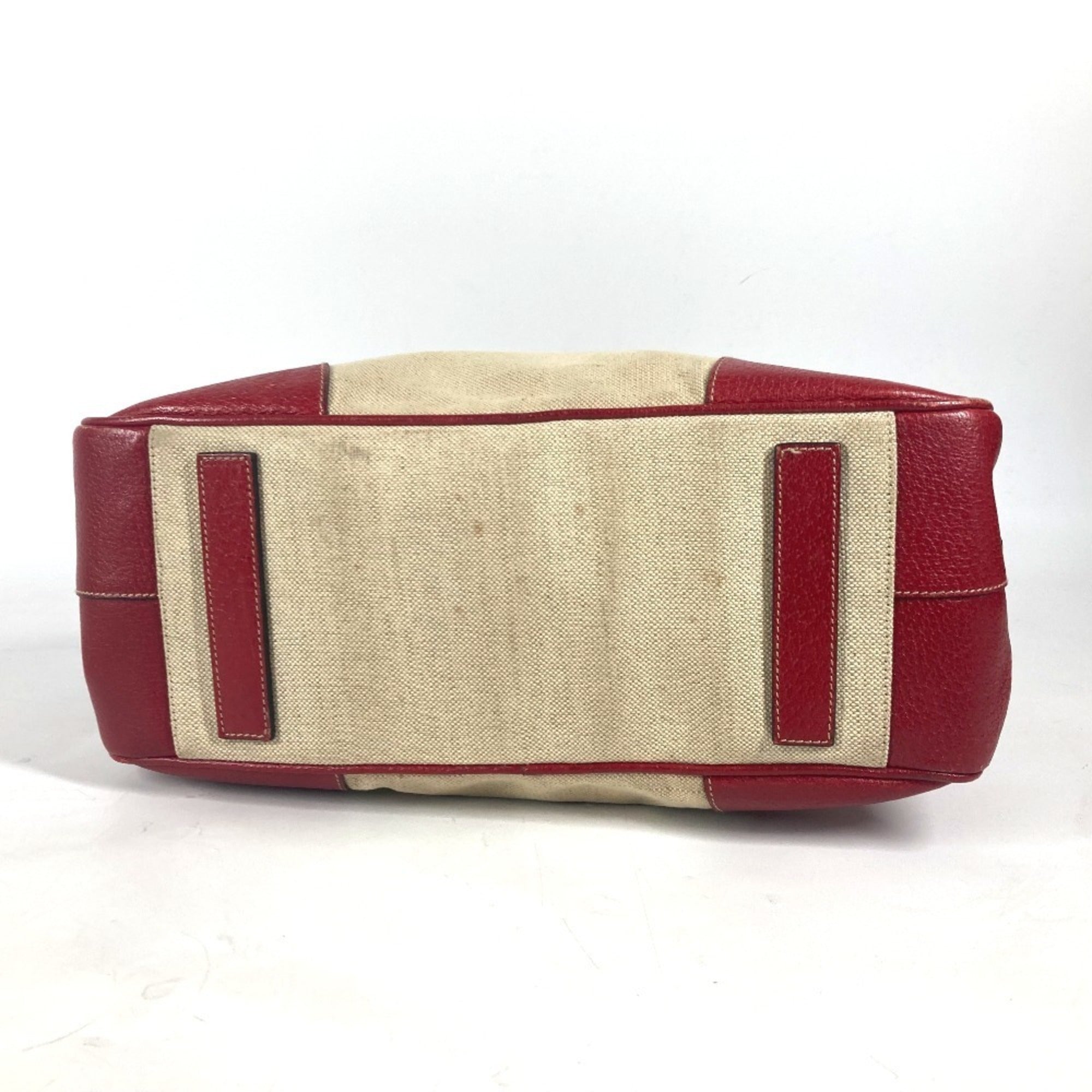 Prada Beige Red Color Leather Canvas Boston Bag Shoulder Bag (Pre-Owned)