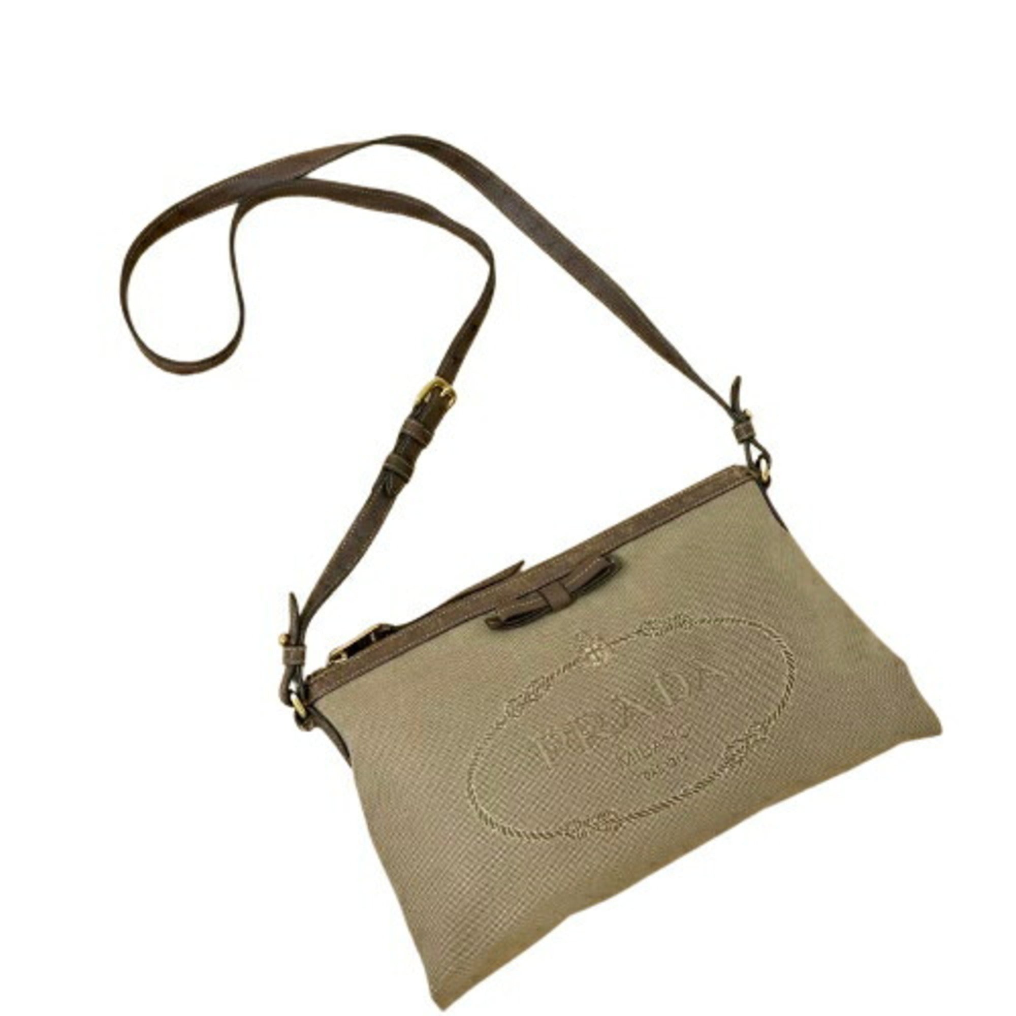 Prada Beige Brown Canvas Shoulder Bag (Pre-Owned)