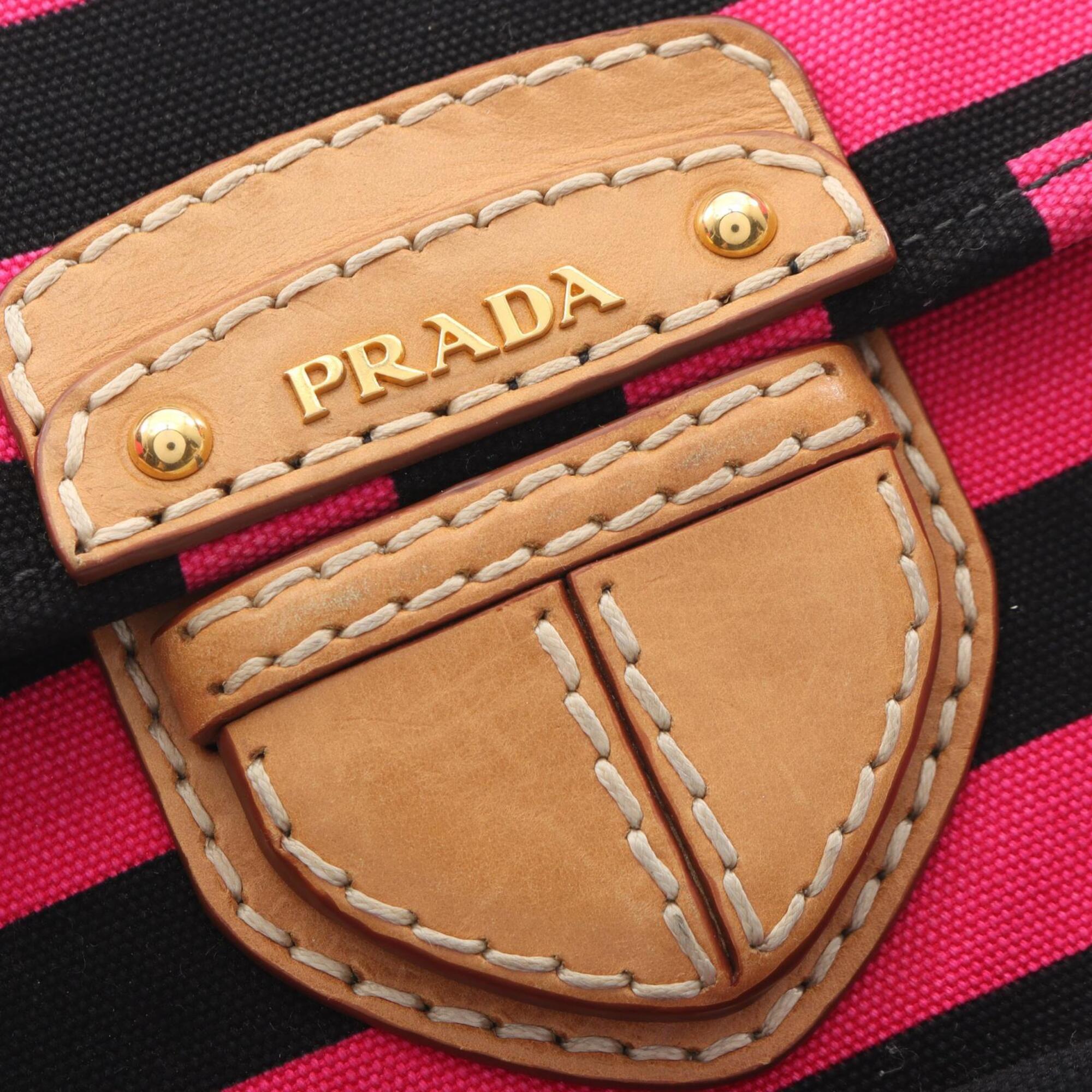 Prada Black Brown Pink Canvas Leather Handbag Shoulder Bag (Pre-Owned)