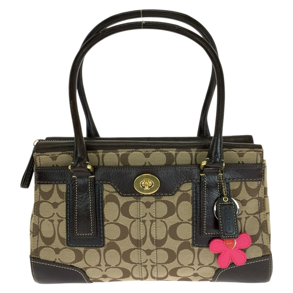 Coach Beige Dark Brown Canvas Leather Handbag Tote Bag (Pre-Owned)