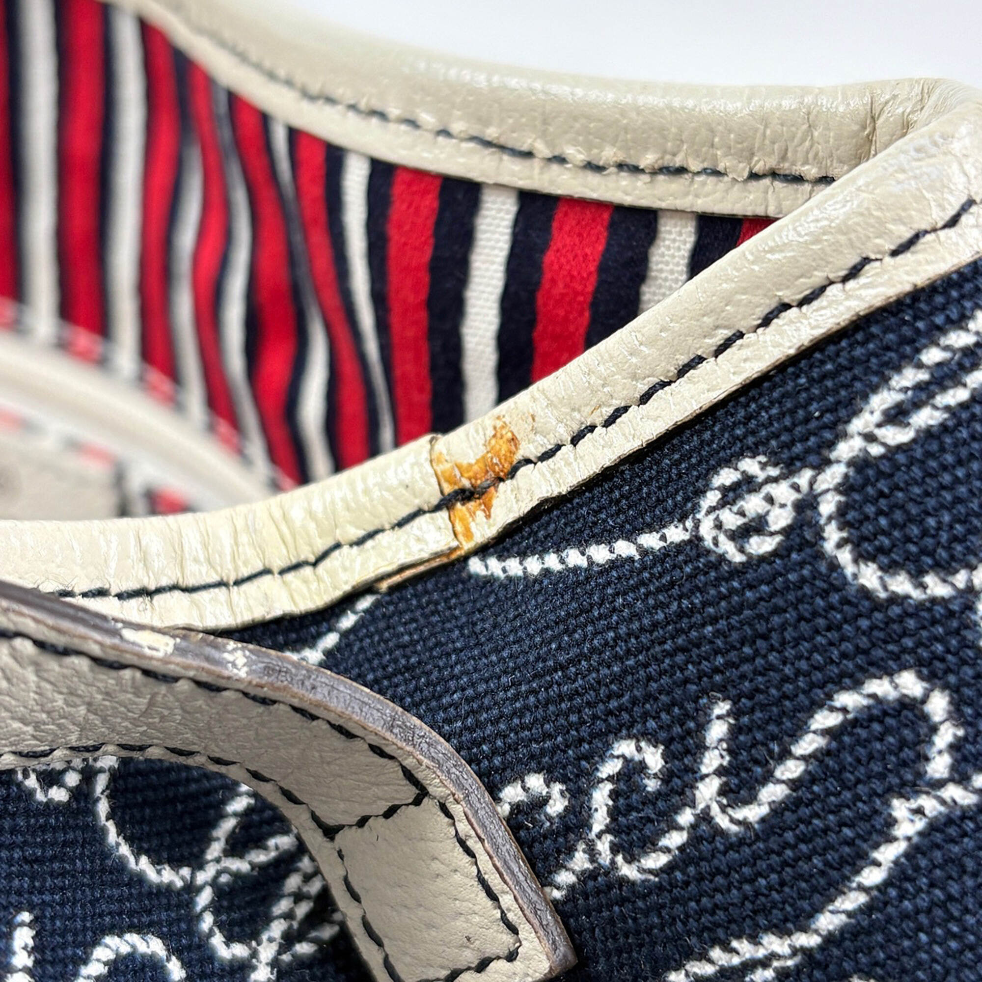 Gucci Abbey Navy White Canvas Leather Tote Bag (Pre-Owned)