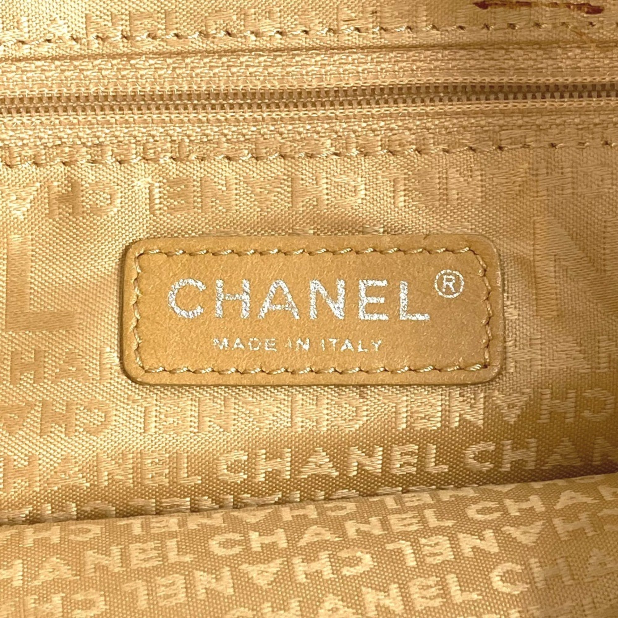 Chanel Beige Black Canvas Leather Handbag Shoulder Bag (Pre-Owned)
