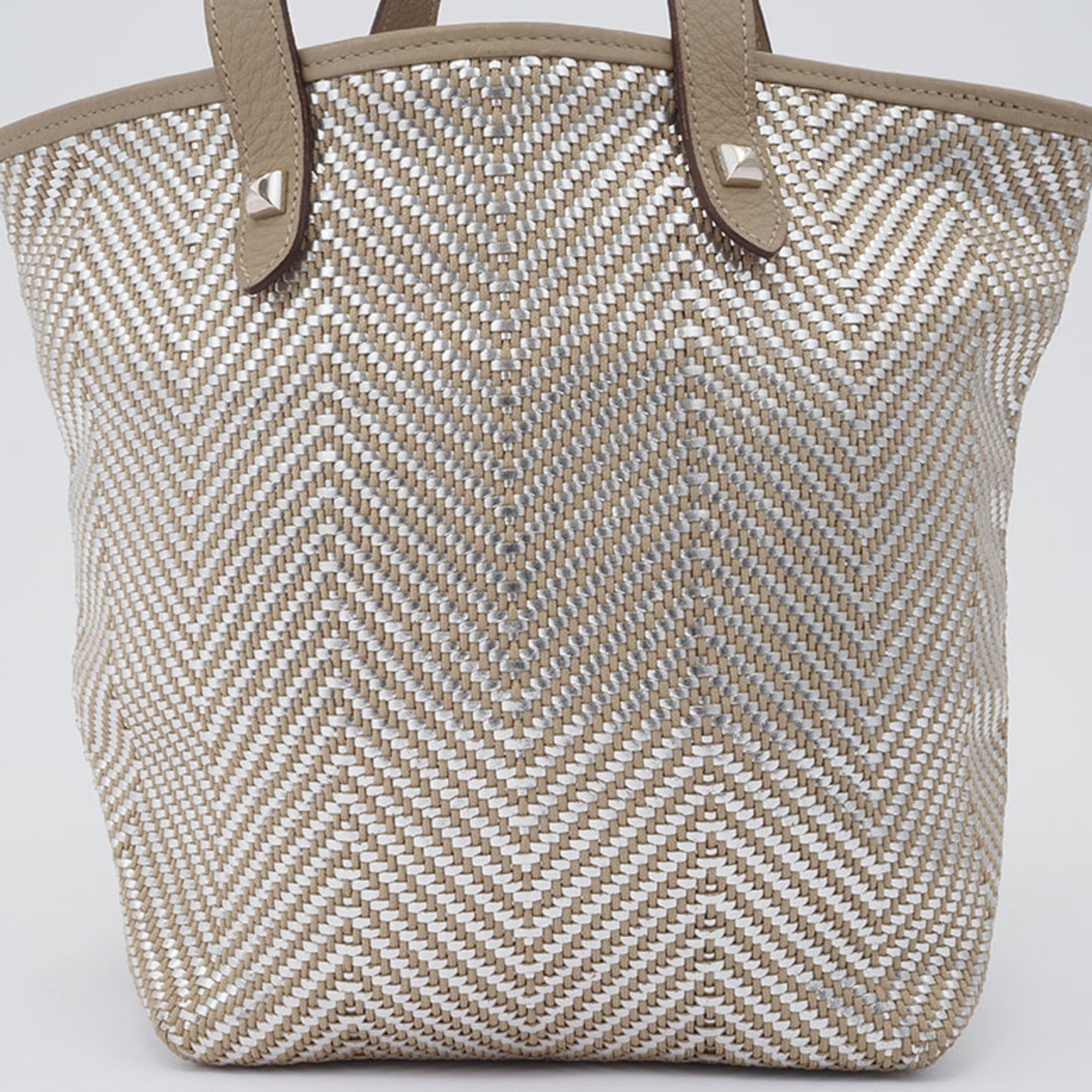 Hermes Beige Silver Polyester Leather Handbag Tote Bag (Pre-Owned)
