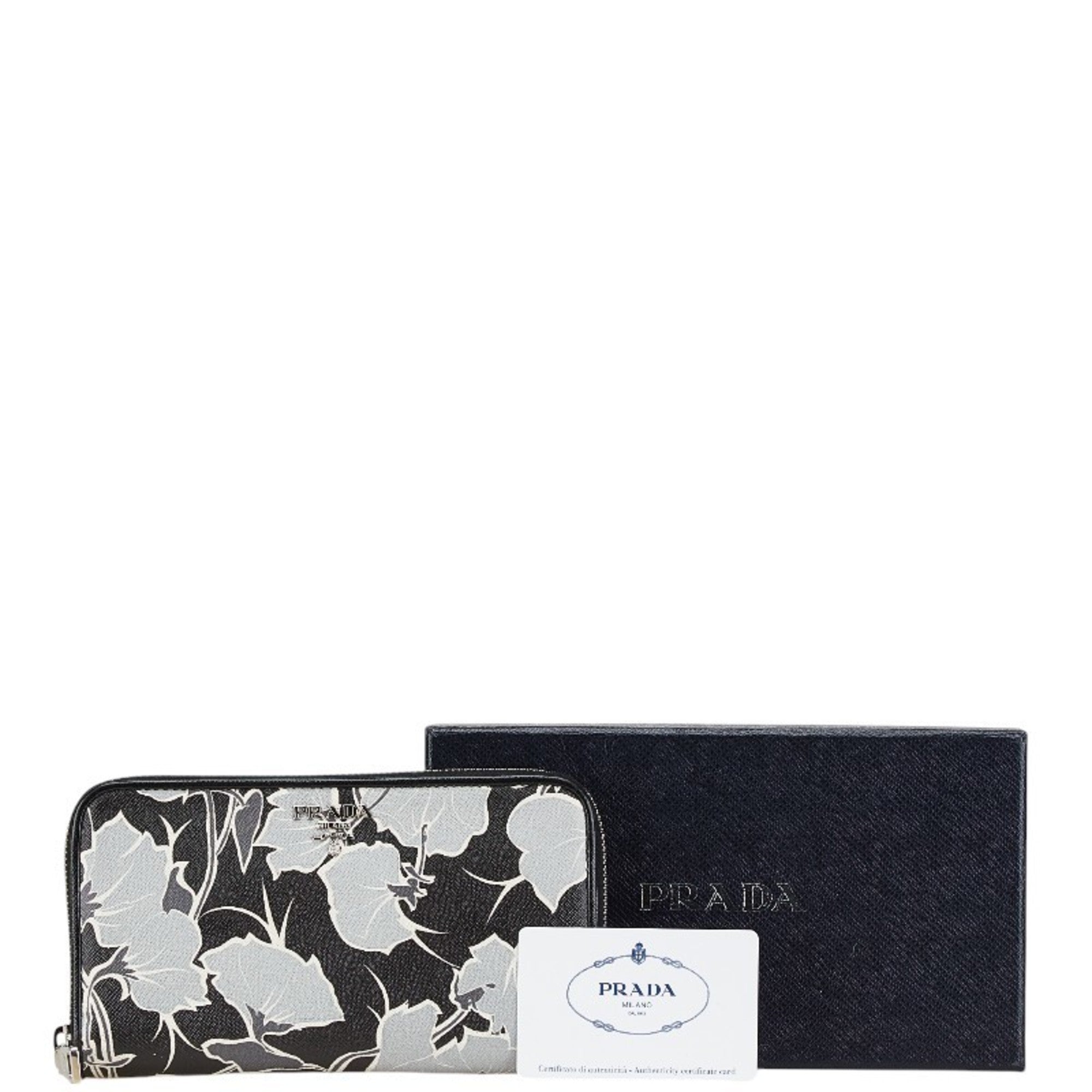 Prada Saffiano Black Gray Leather Long Wallet (Bi-Fold) (Pre-Owned)