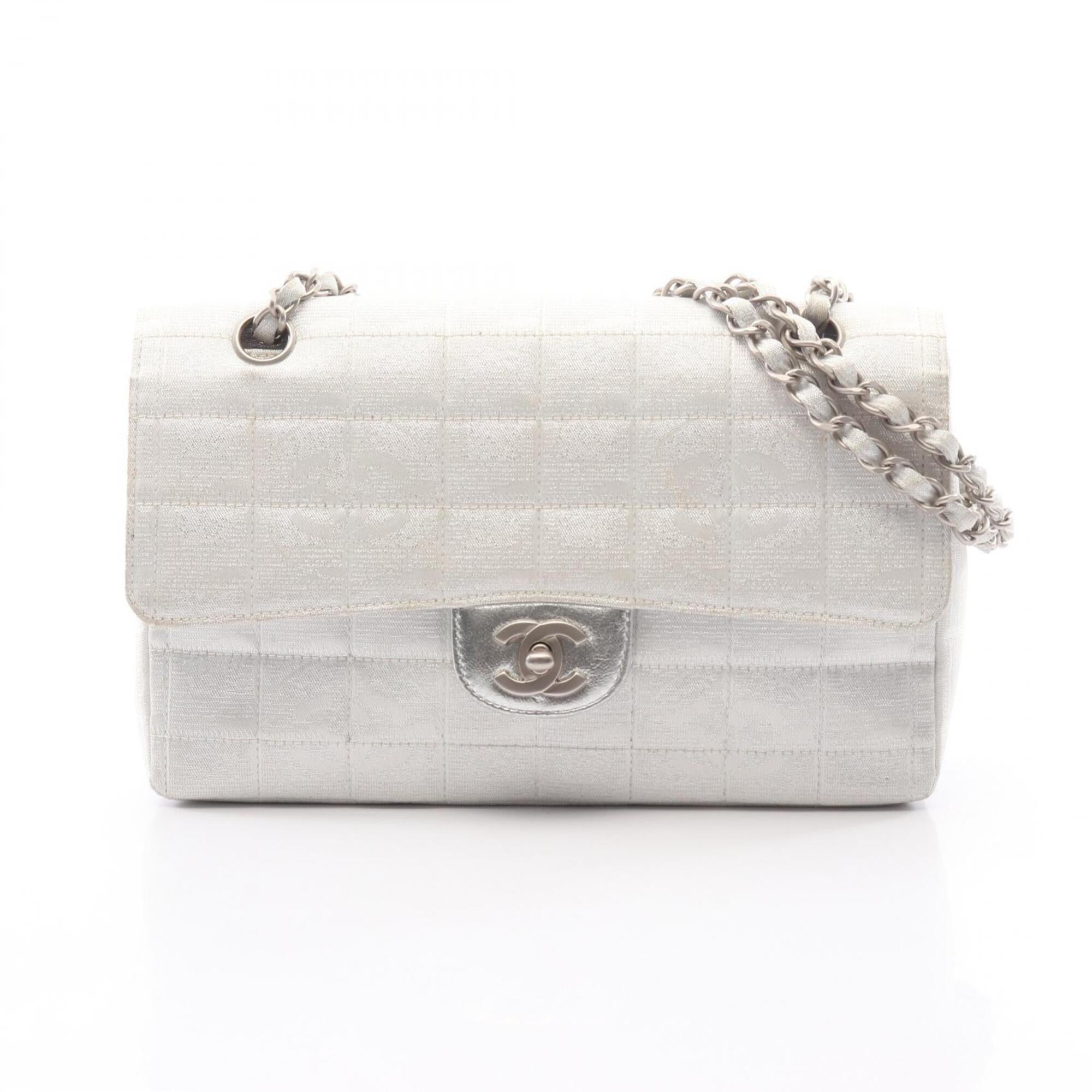 Chanel New Travel Line Silver Leather Nylon Canvas Handbag Shoulder Bag (Pre-Owned)