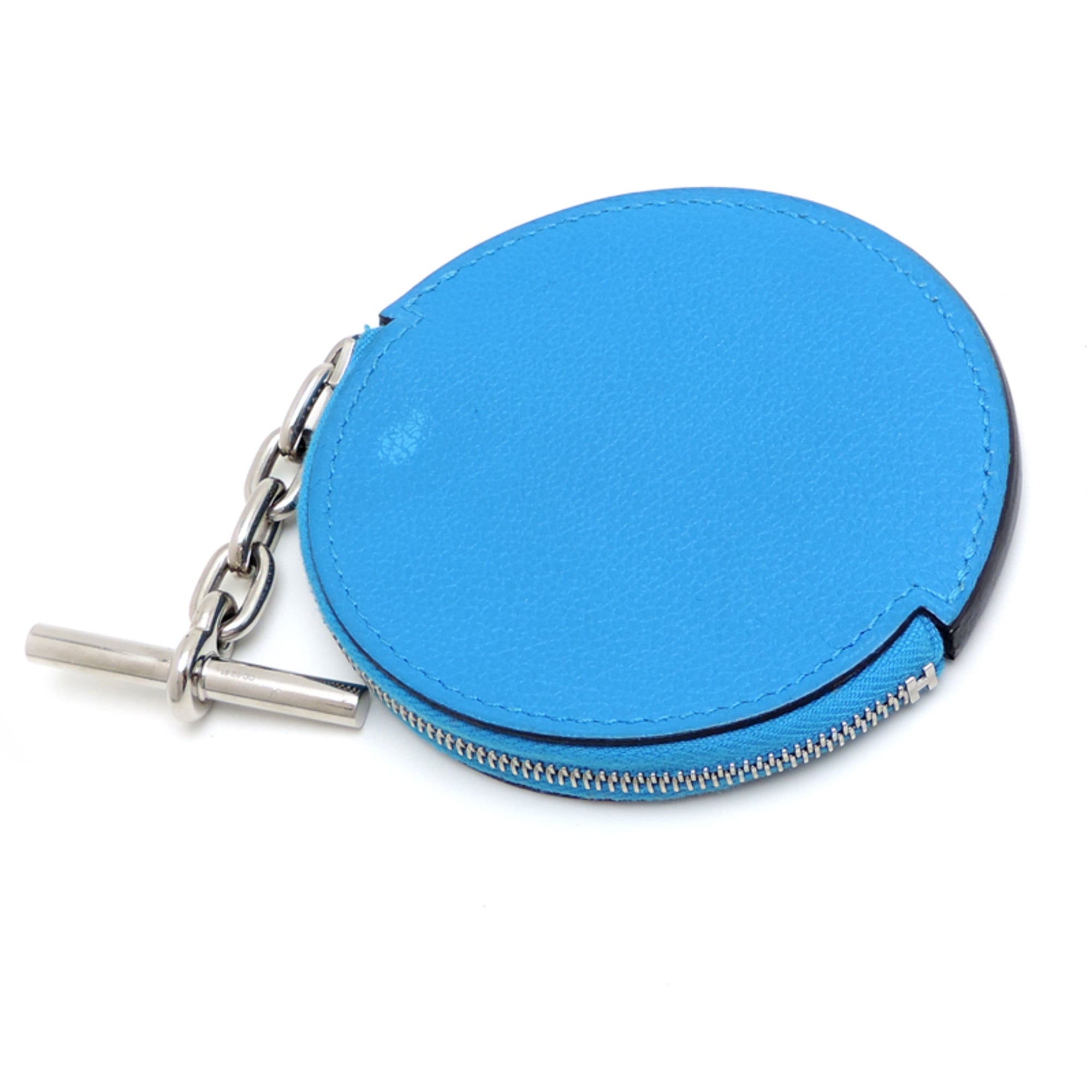 Hermes Silver Blue Chevre Leather Metal Coin Purse/Coin Case (Pre-Owned)