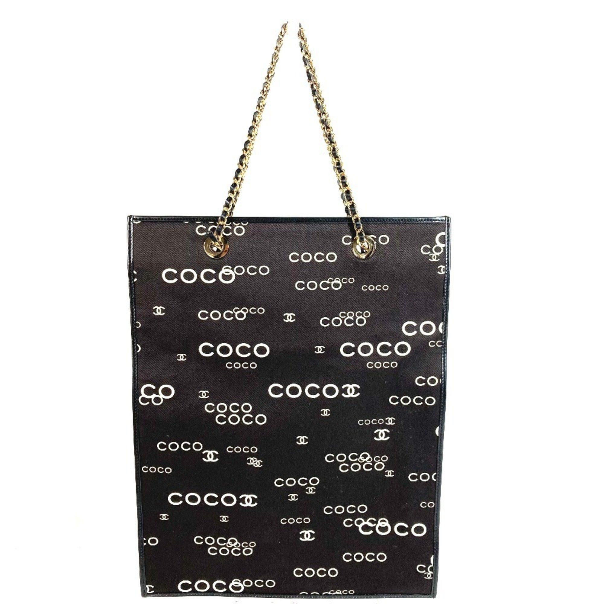 Chanel Black White Leather Canvas Shoulder Bag Tote Bag (Pre-Owned)