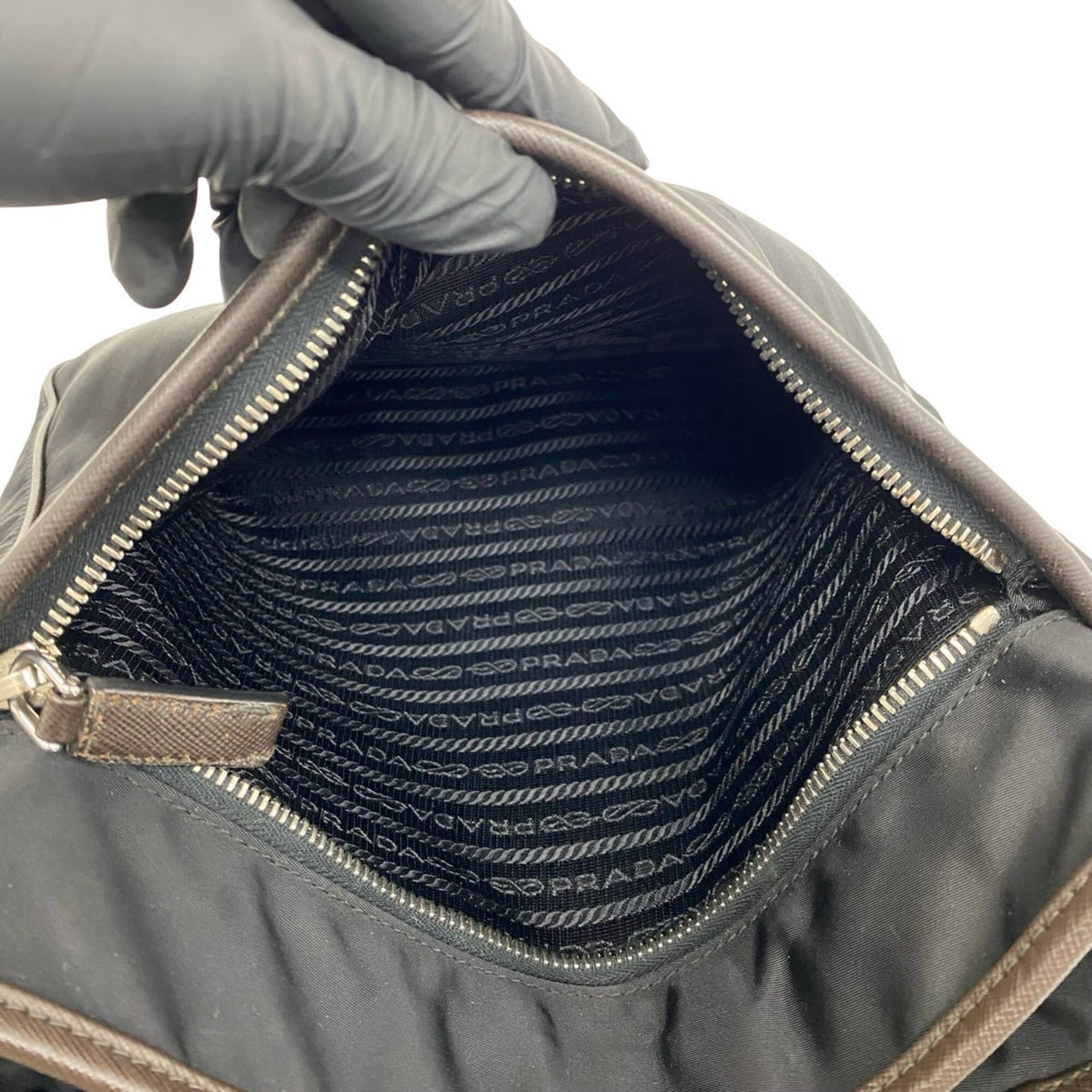 Prada Black Brown Nylon Leather Shoulder Bag (Pre-Owned)