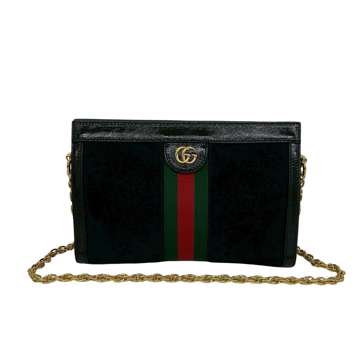 Gucci Black Green Red Color Patent Leather Suede Shoulder Bag (Pre-Owned)