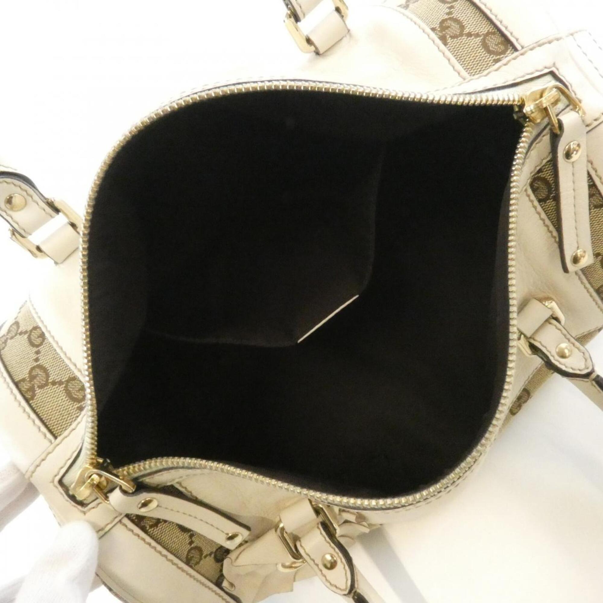 Gucci Gg Canvas Beige White Gg Canvas Leather Handbag (Pre-Owned)
