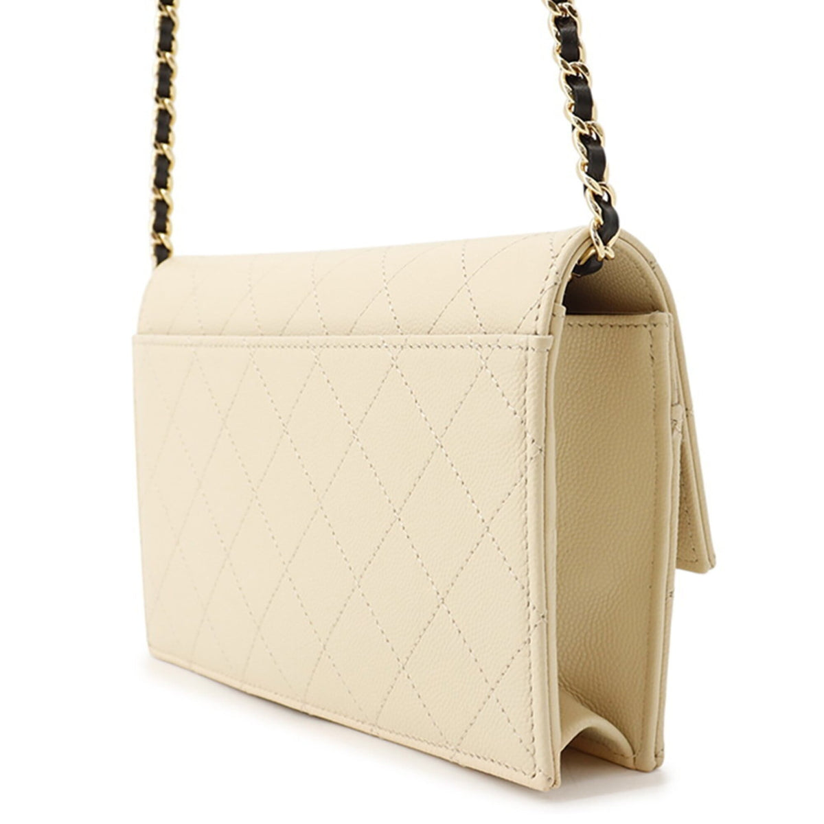 Chanel Beige Black Grained Calfskin Chain/Shoulder Wallet (Pre-Owned)