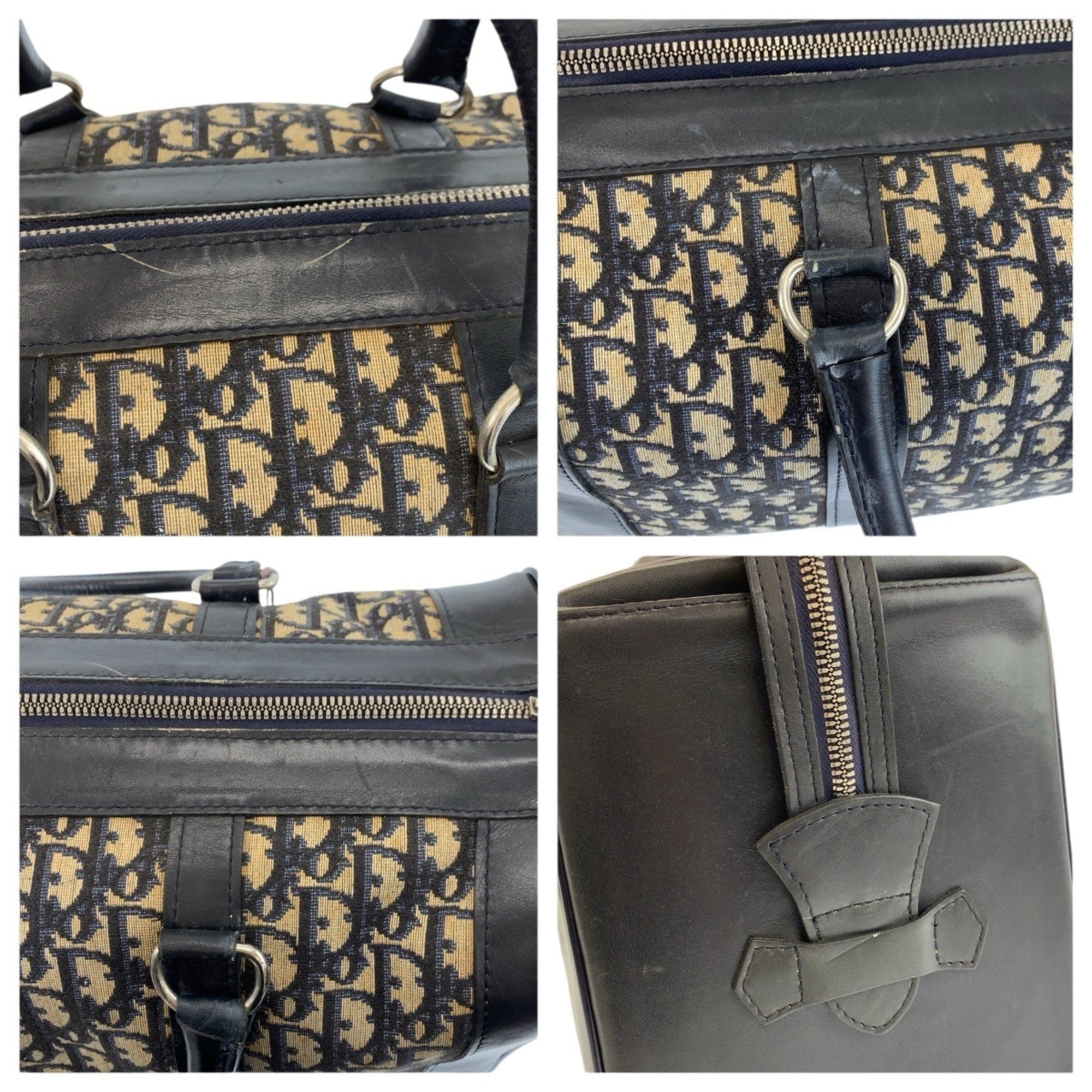 Christian Dior Navy Canvas Leather Boston Bag Handbag (Pre-Owned)