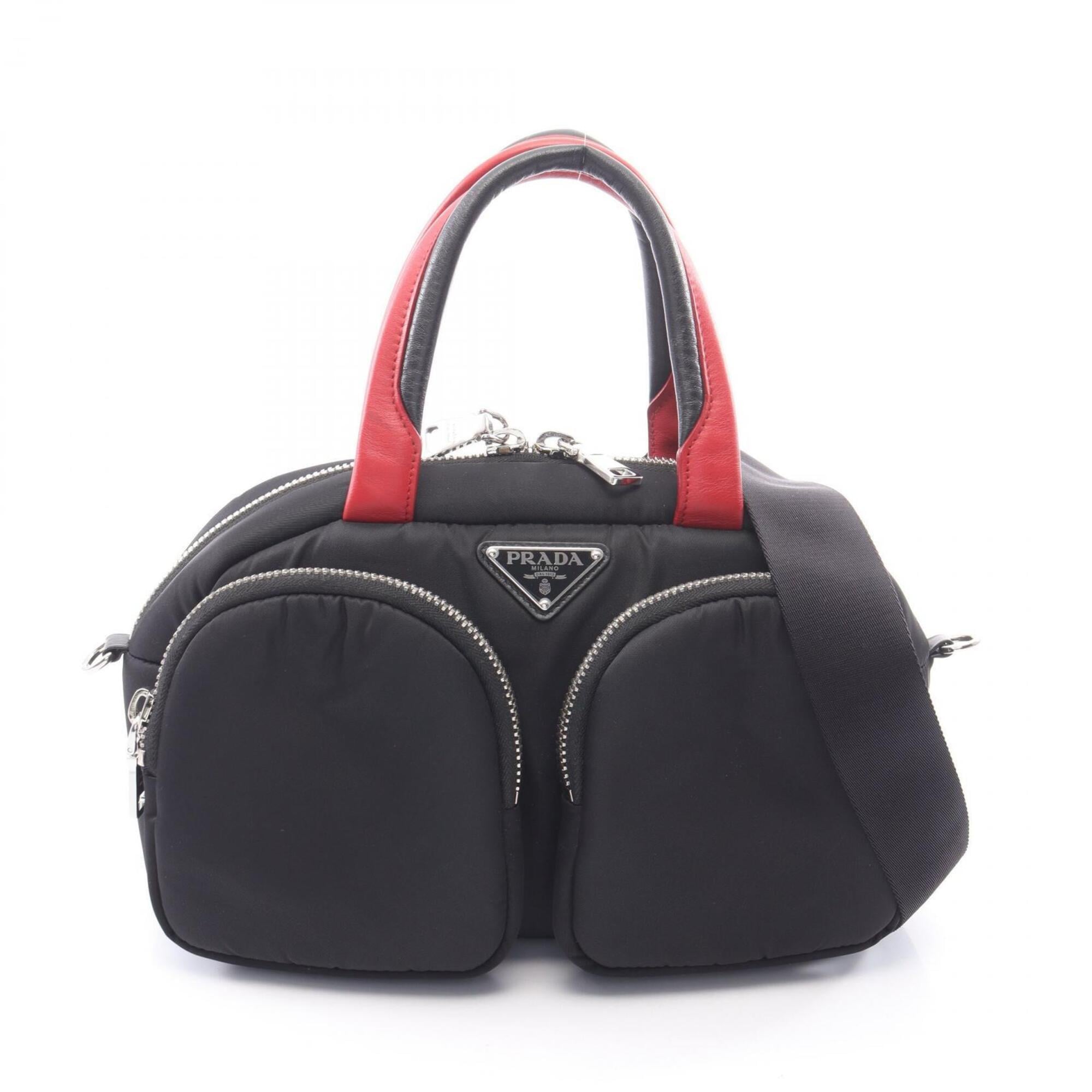 Prada Black Red Color Nylon Leather Handbag (Pre-Owned)