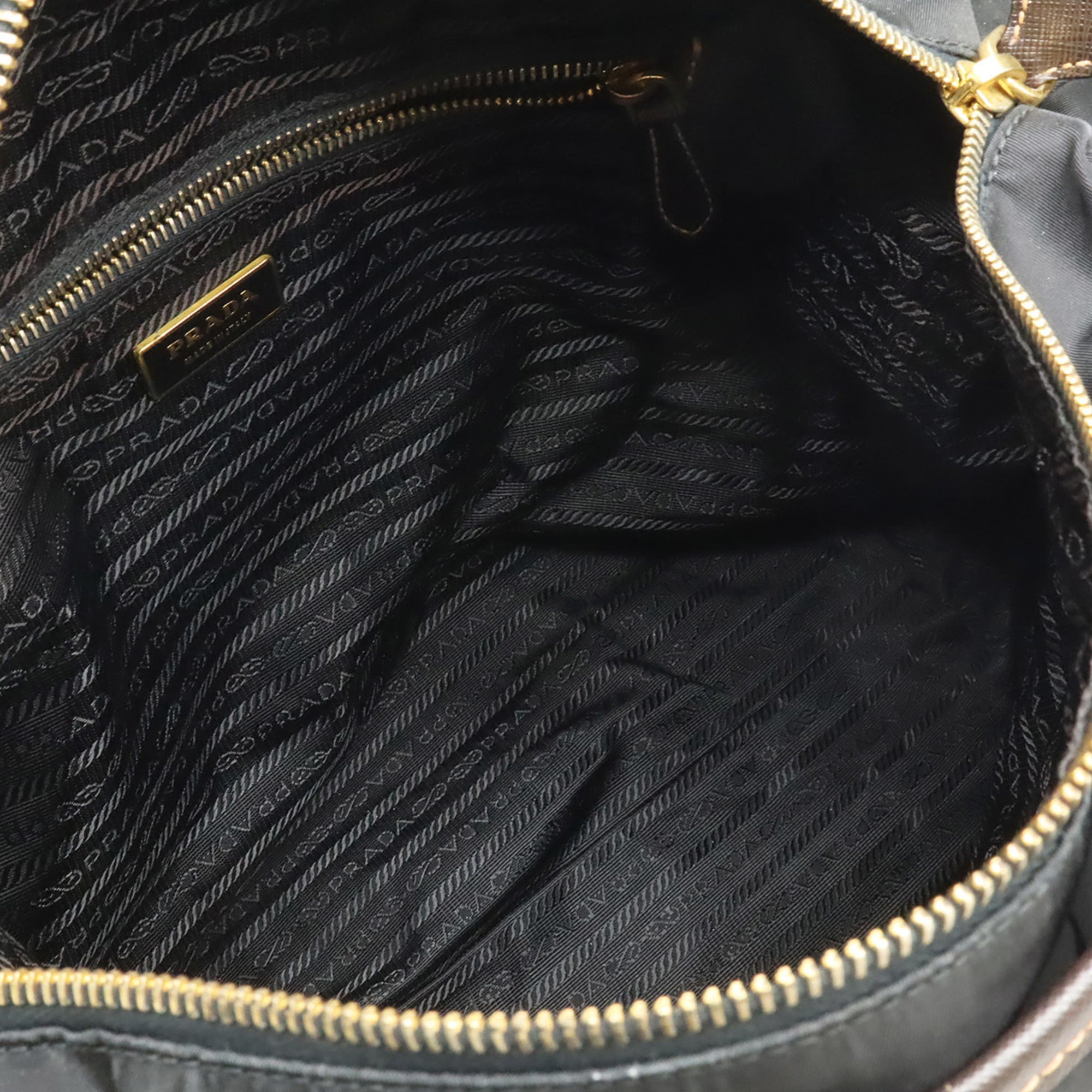 Prada Black Dark Brown Nero Nylon Leather Shoulder Bag Tote Bag (Pre-Owned)
