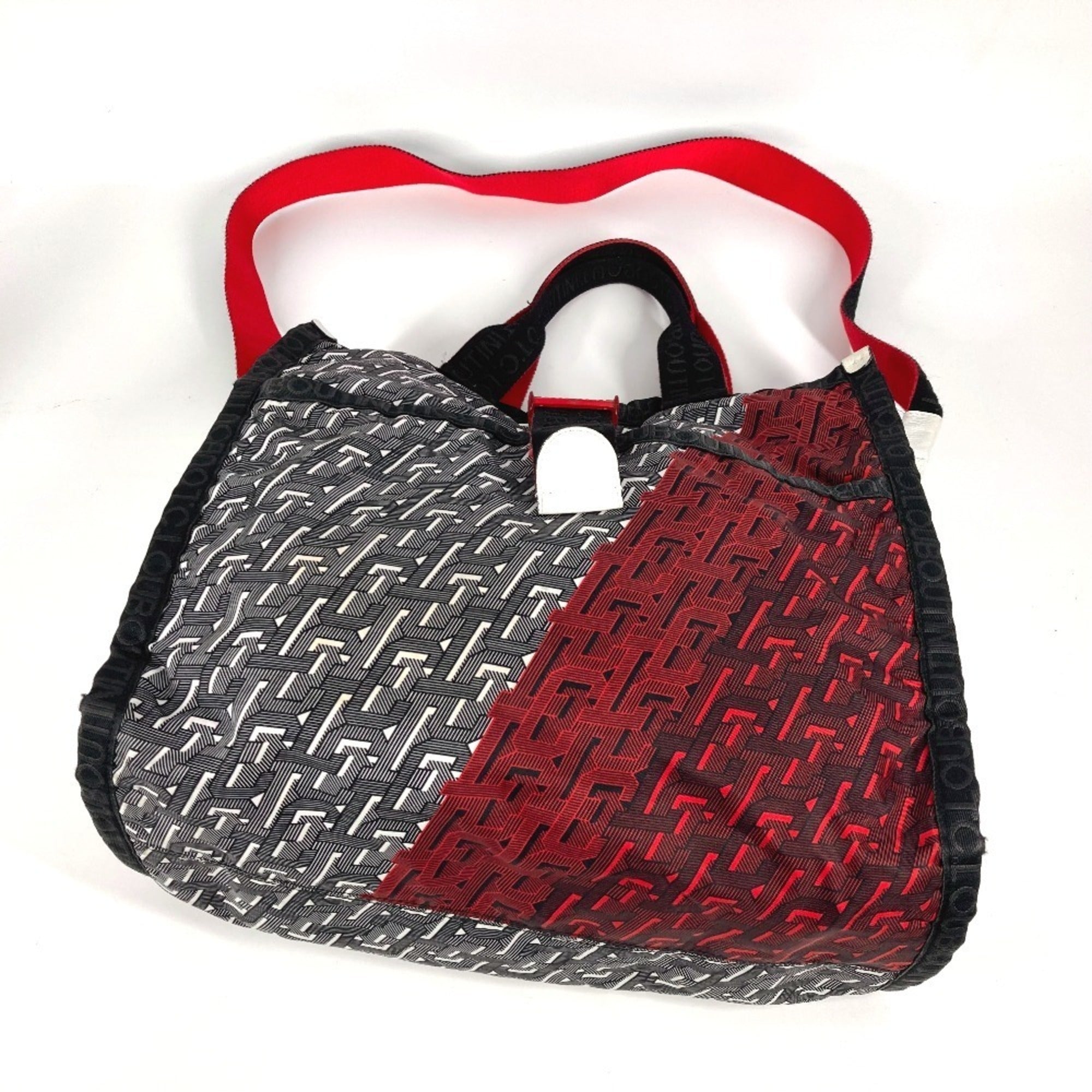 Christian Louboutin Black Red Color White Nylon Handbag Shoulder Bag Tote Bag (Pre-Owned)