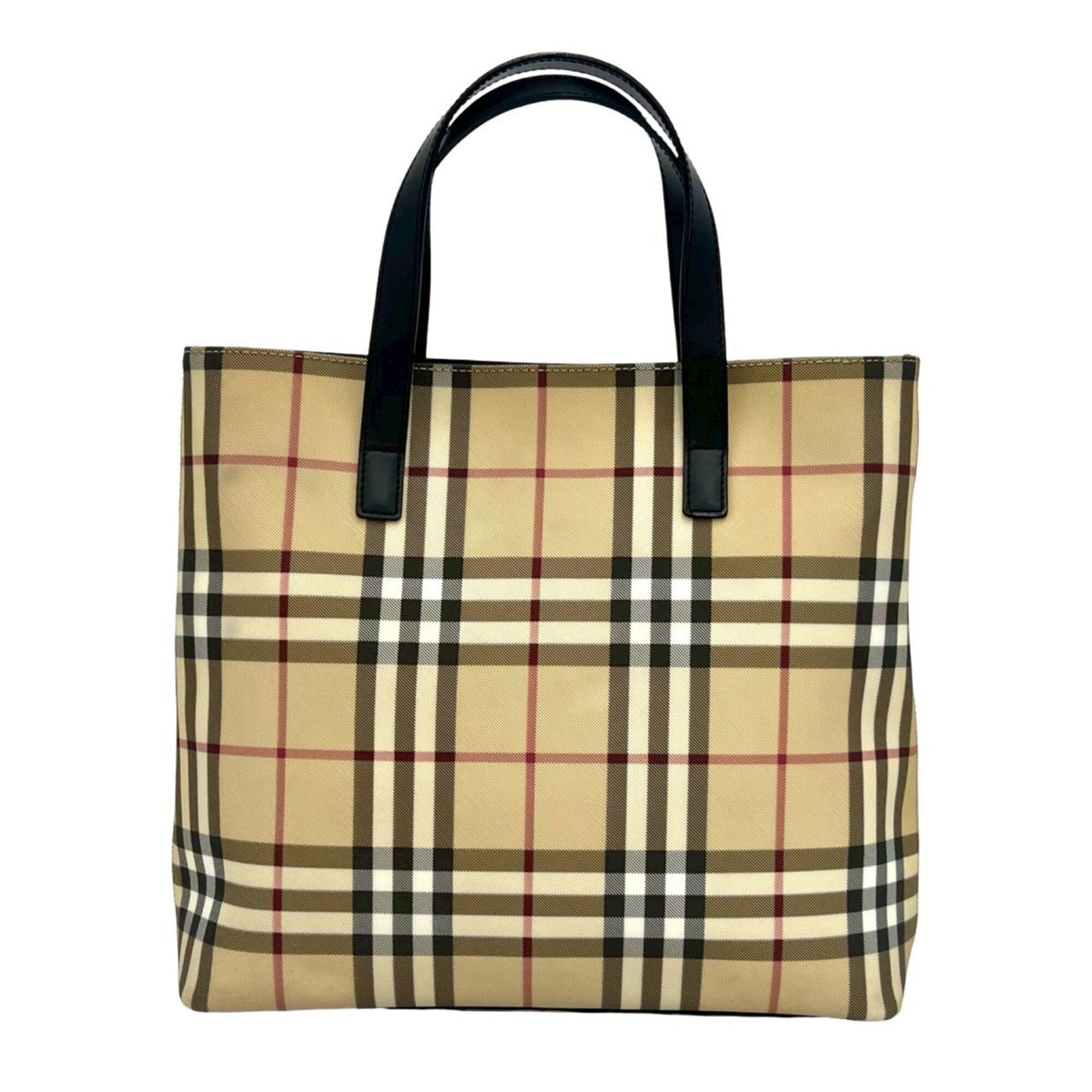 Burberry Beige Black Canvas Leather Handbag Tote Bag (Pre-Owned)