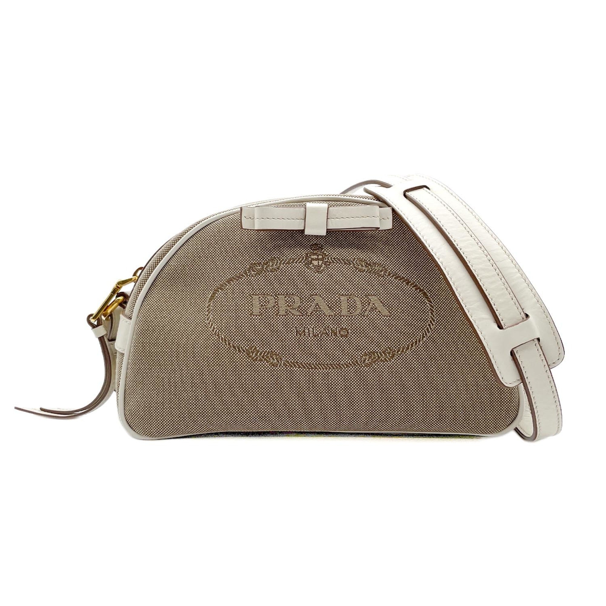 Prada Brown White Canvas Leather Shoulder Bag (Pre-Owned)