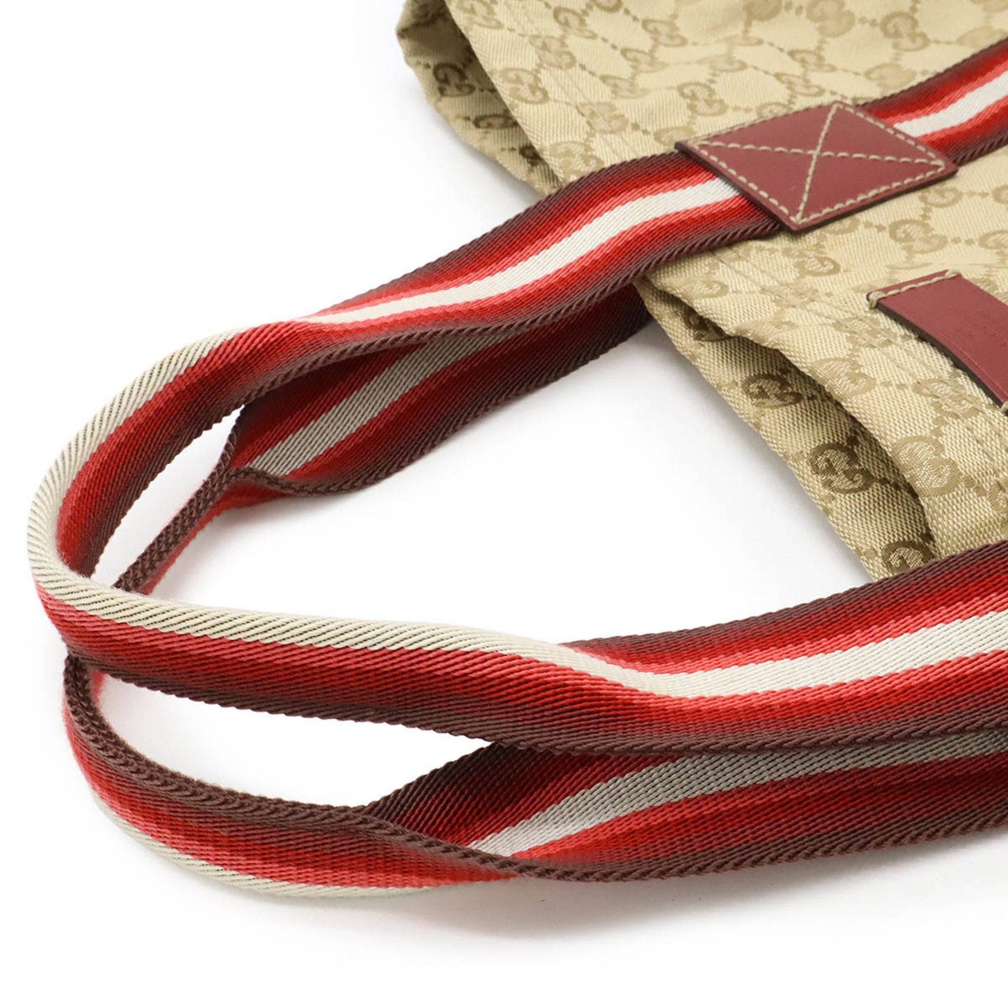 Gucci Beige Multi-Color Red Color Canvas Leather Shoulder Bag Tote Bag (Pre-Owned)