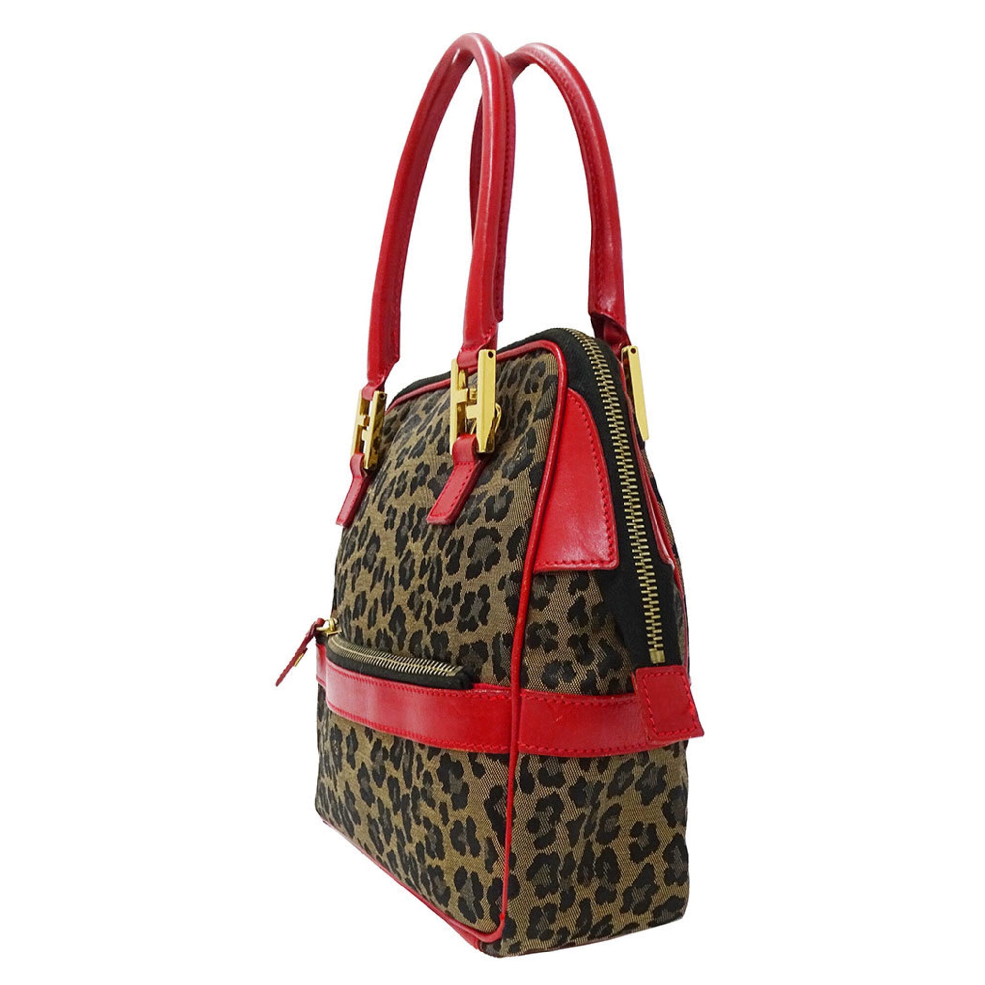 Fendi Red Brown Canvas Leather Handbag Shoulder Bag (Pre-Owned)