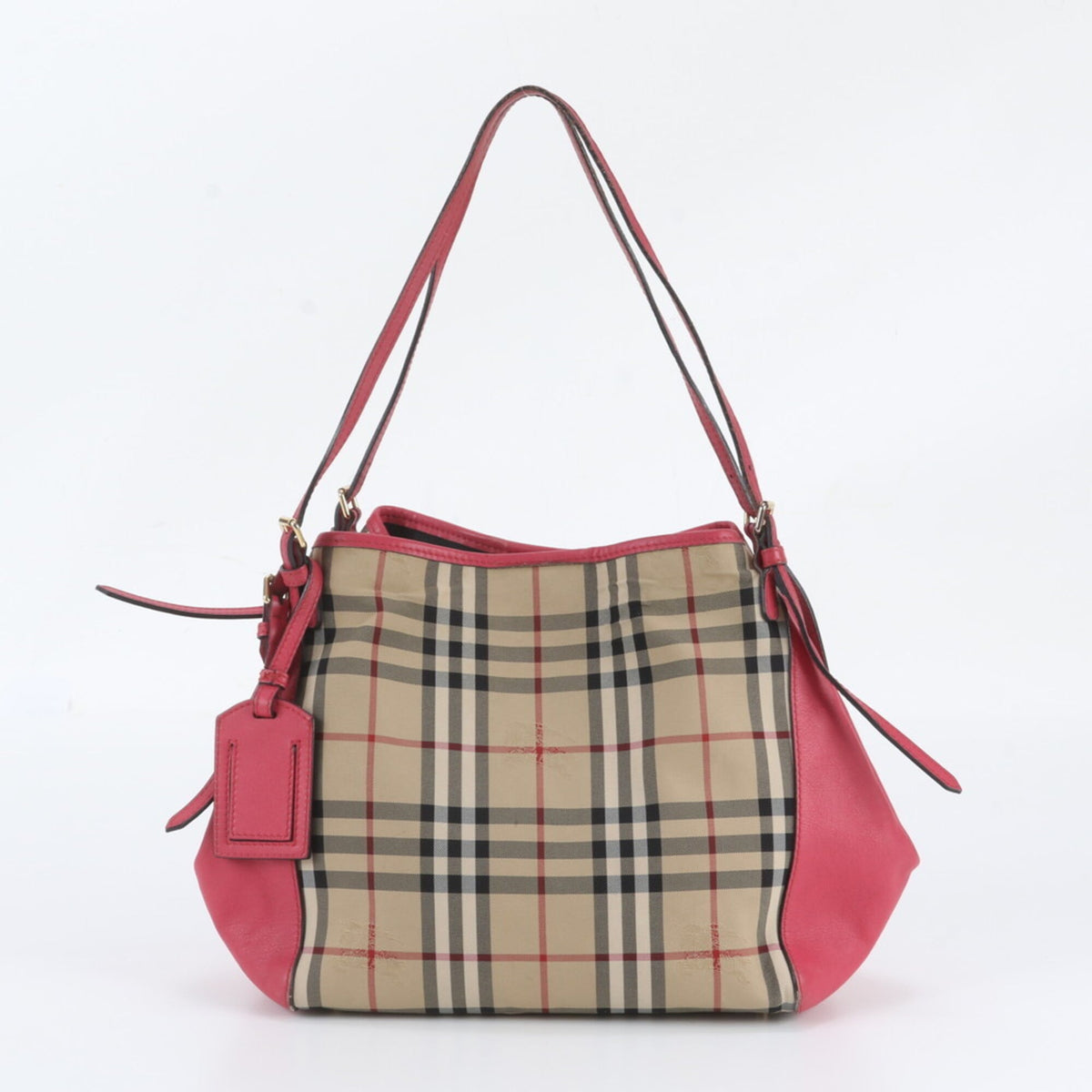Burberry Beige Pink Leather Canvas Shoulder Bag Tote Bag (Pre-Owned)