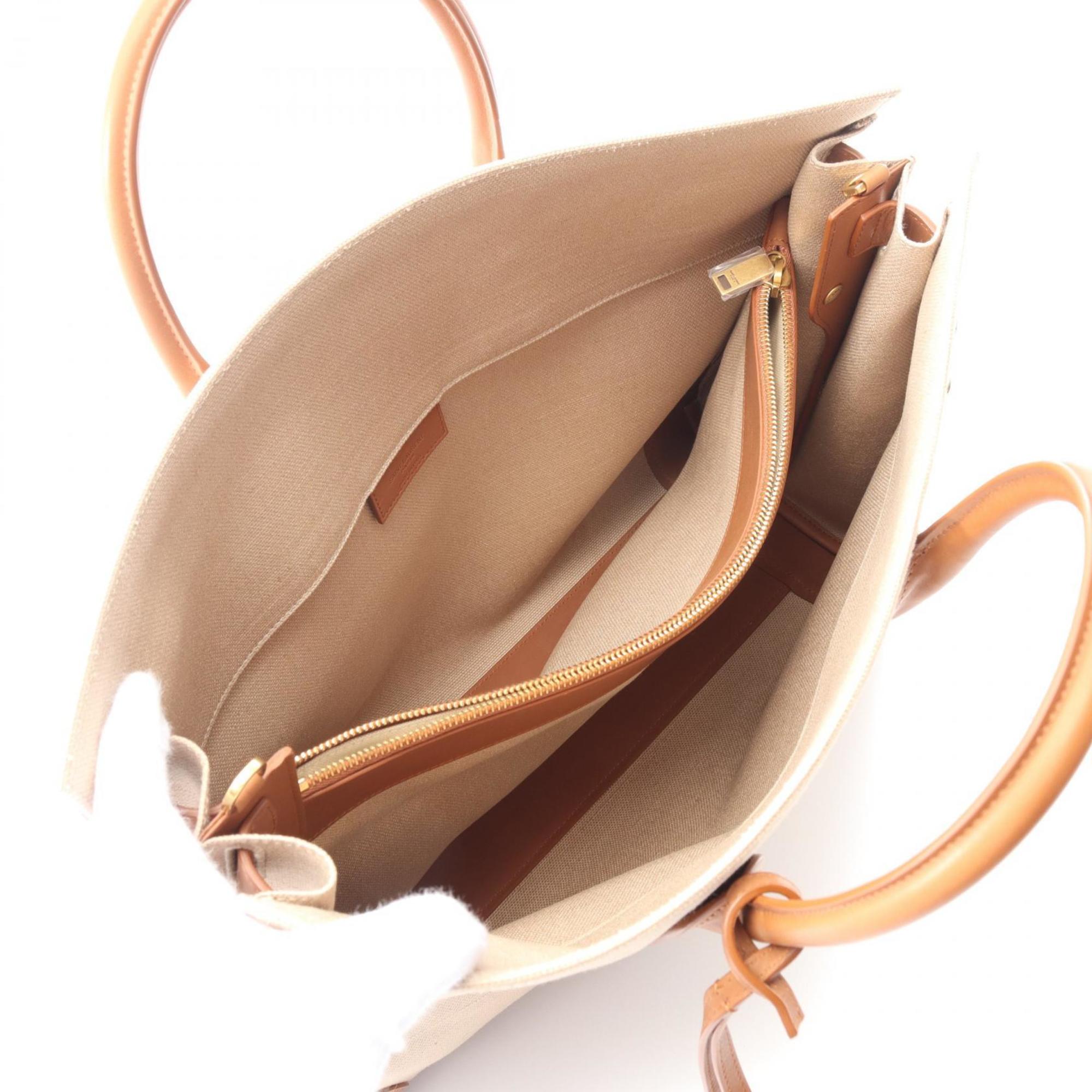 Saint Laurent Beige Brown Canvas Leather Tote Bag (Pre-Owned)