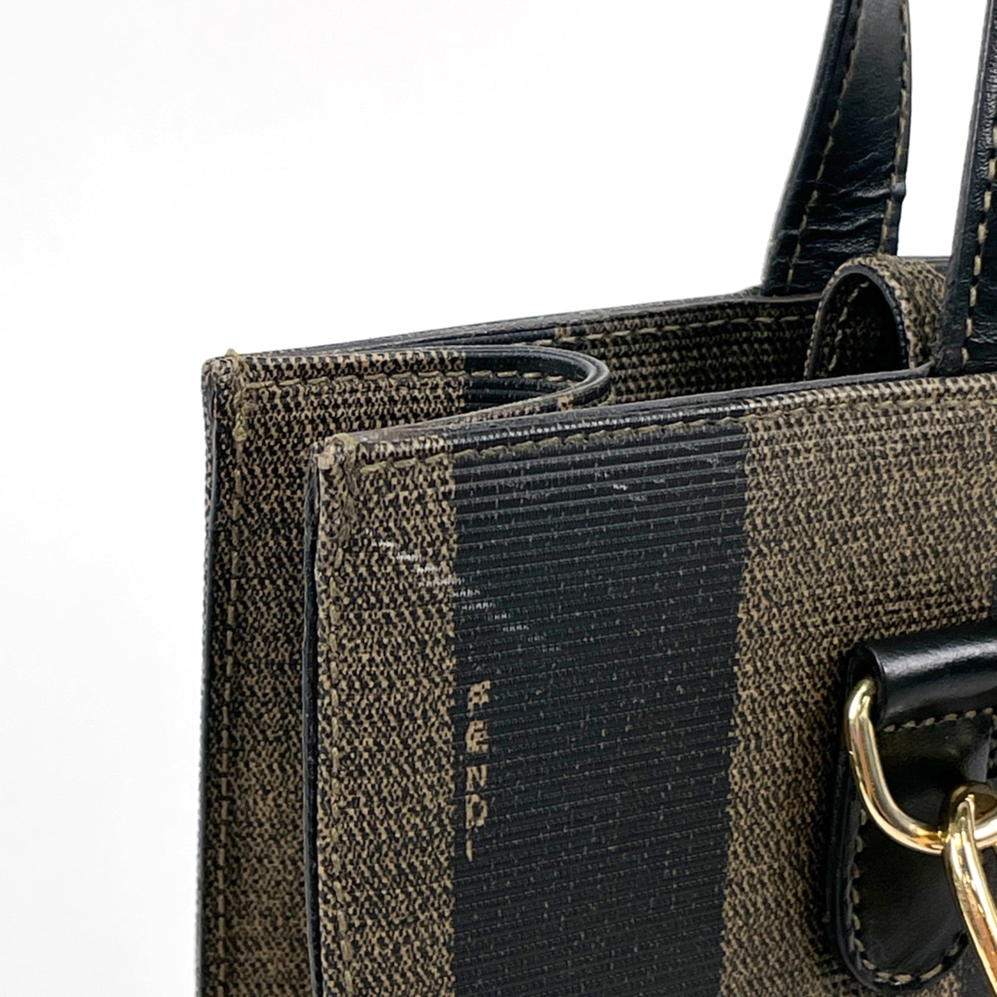 Fendi Pequin Black Brown Coated Canvas Leather Handbag (Pre-Owned)