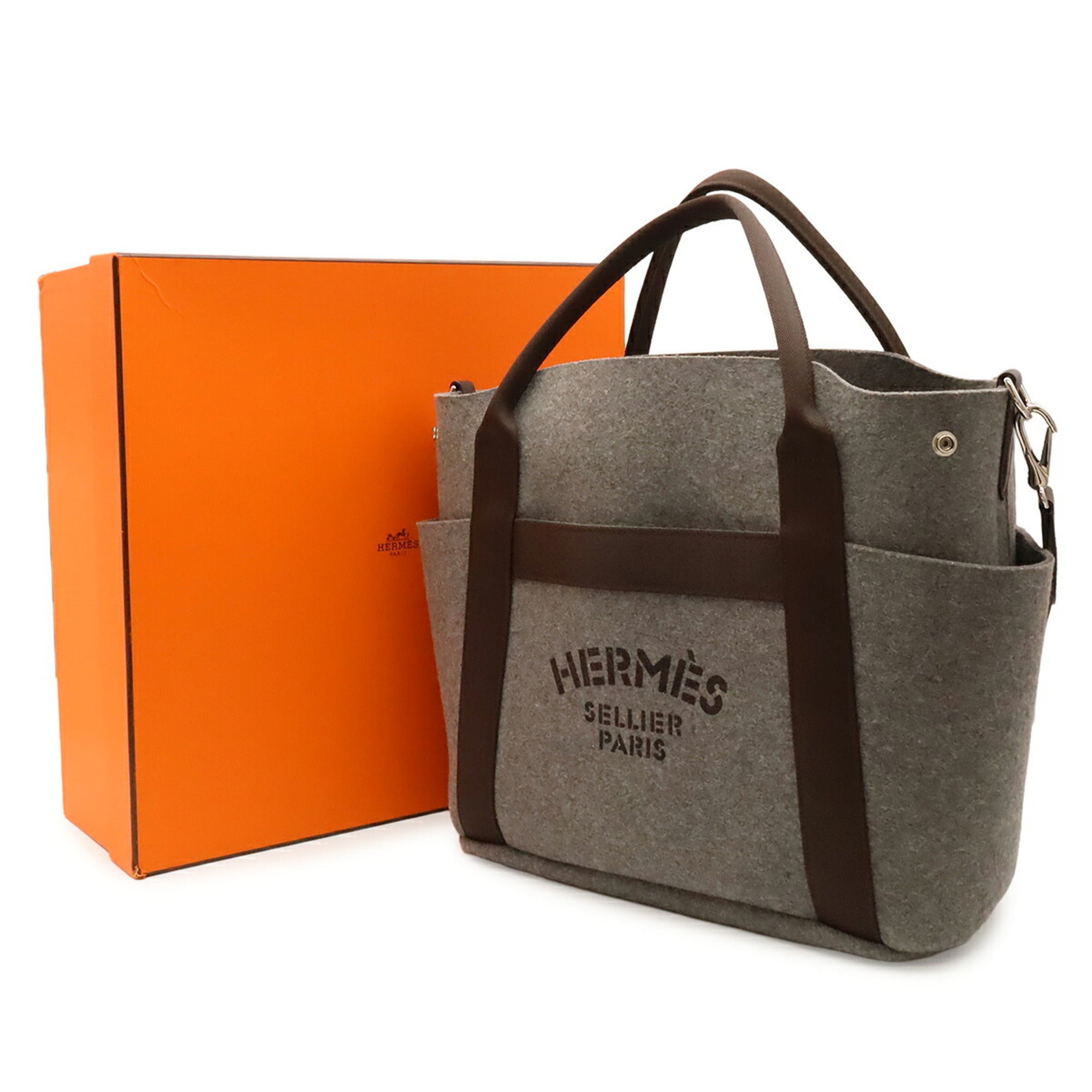 Hermes Dark Brown Gray Felt Shoulder Bag Tote Bag (Pre-Owned)
