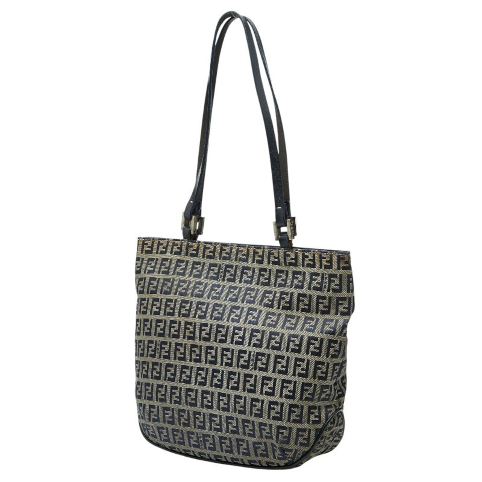 Fendi Gray Navy Canvas Leather Handbag Shoulder Bag Tote Bag (Pre-Owned)